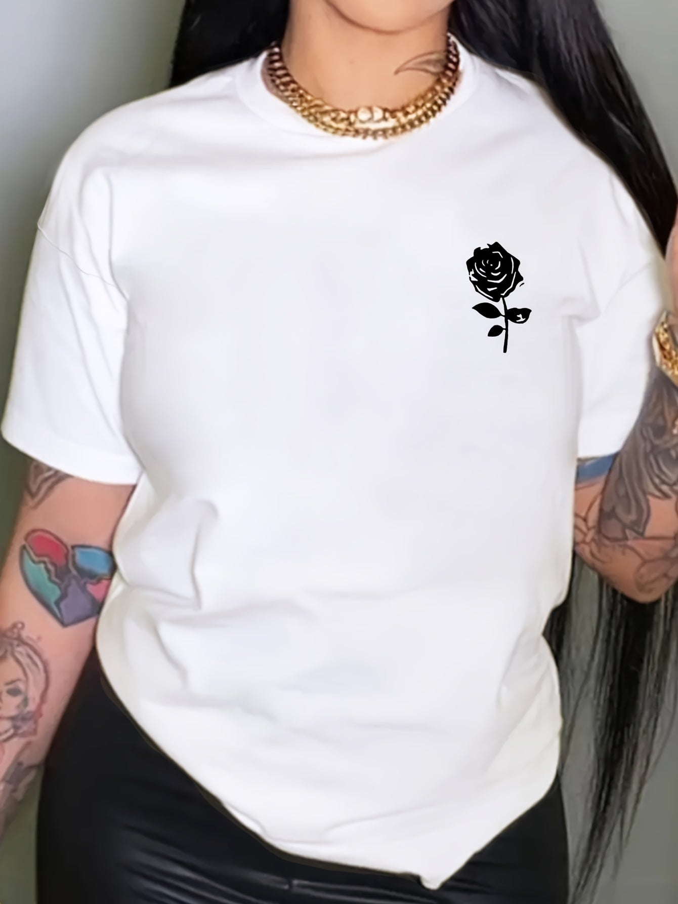 Sixsr Simple Floral Print Crew Neck T-shirt, Casual Loose Short Sleeve Summer T-Shirts Tops, Women's Clothing