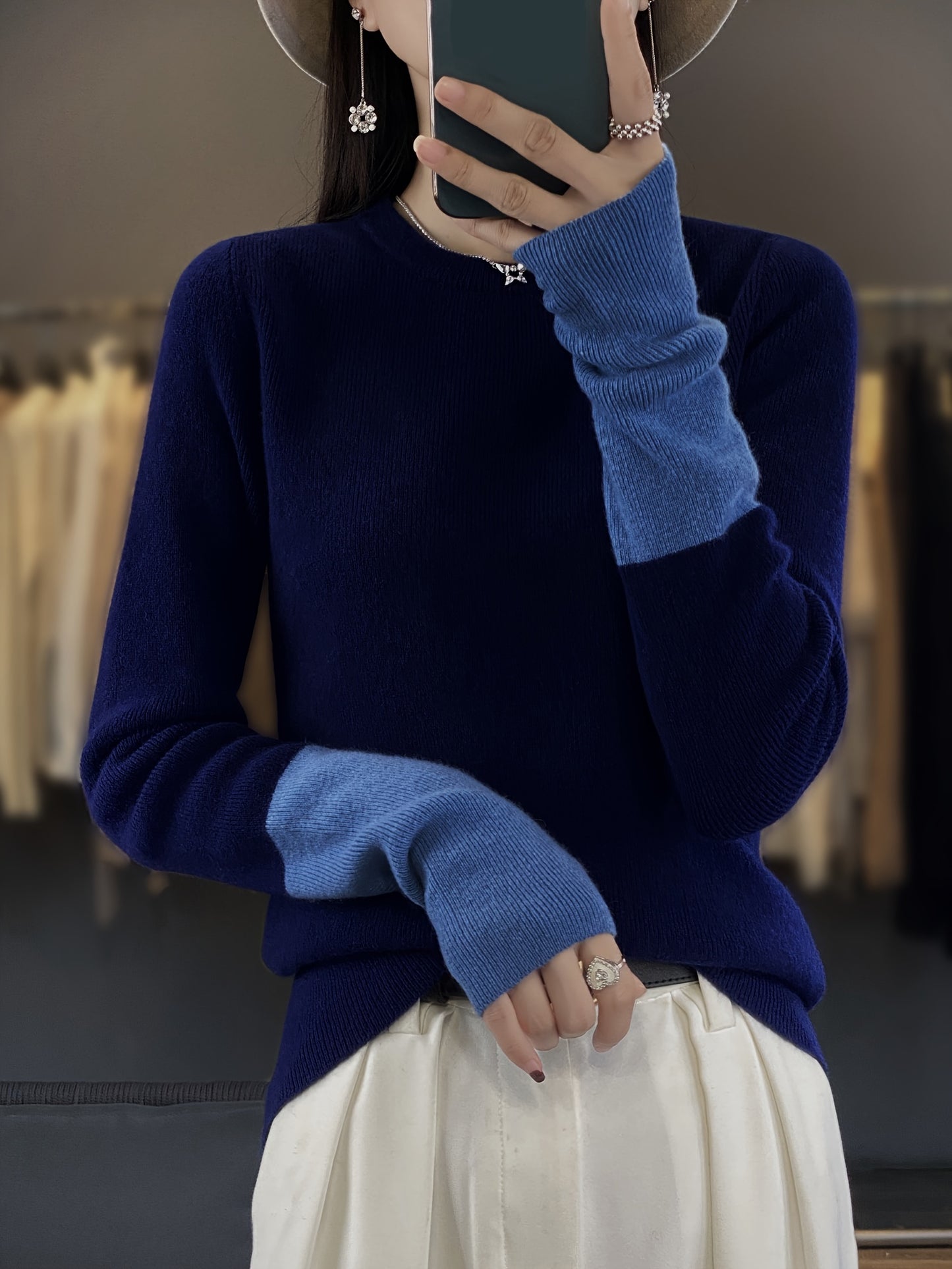 Sixsr Color Block Crew Neck Pullover Sweater, Elegant Long Sleeve Slim Sweater, Women's Clothing