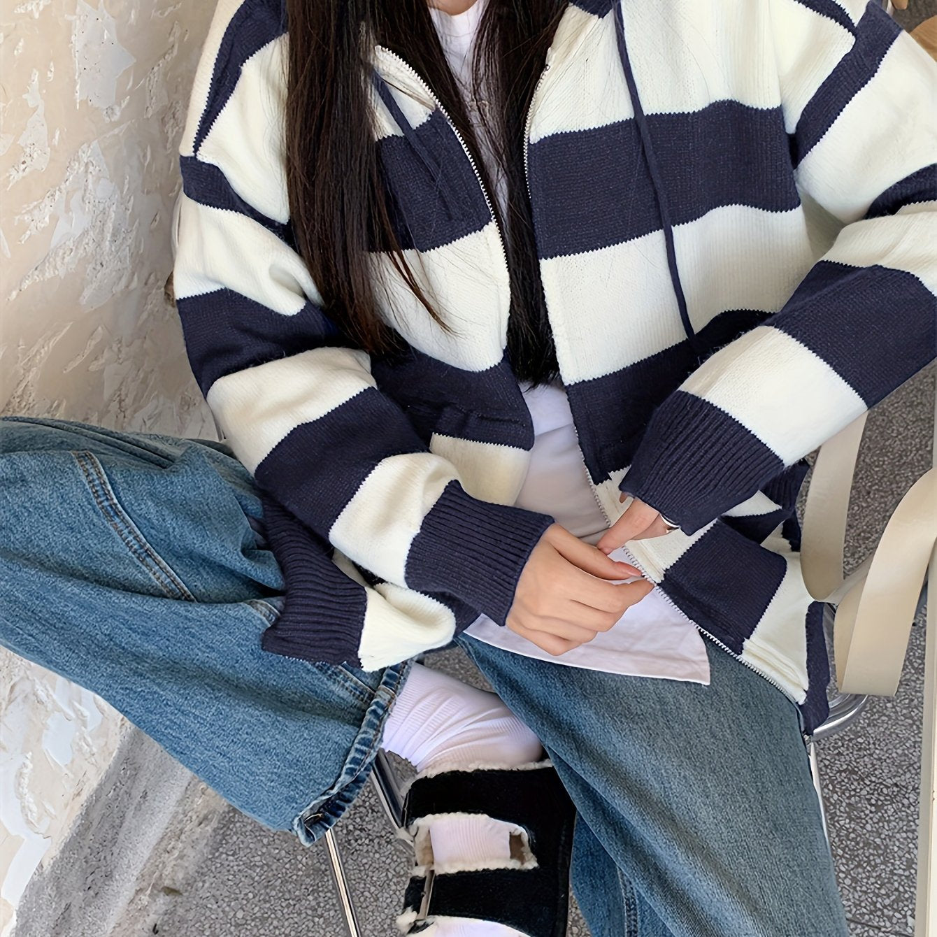 Sixsr Striped Zip Up Drawstring Hooded Sweater, Casual Long Sleeve Loose Sweater With Pocket, Women's Clothing