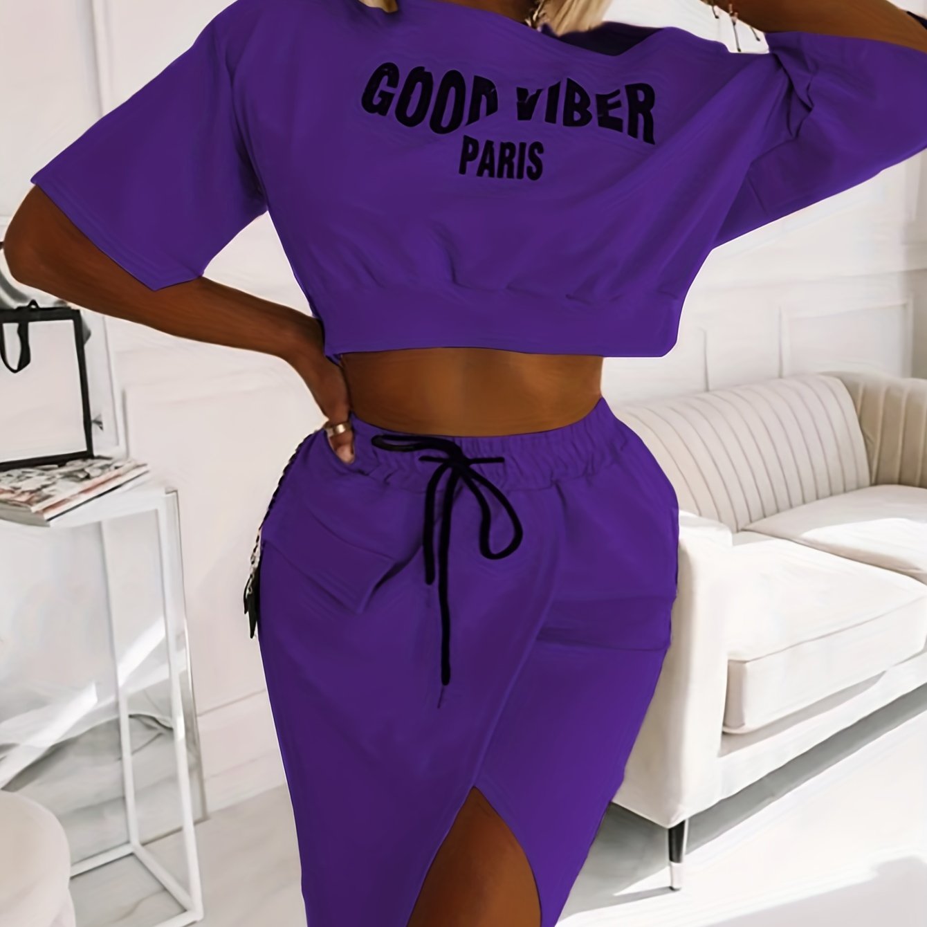 Plus Size Casual Outfits Two Piece Set, Women's Plus Letter Print One Shoulder Short Sleeve Top & Drawstring Split Hem Knee Length Skirt Outfits 2 Piece Set