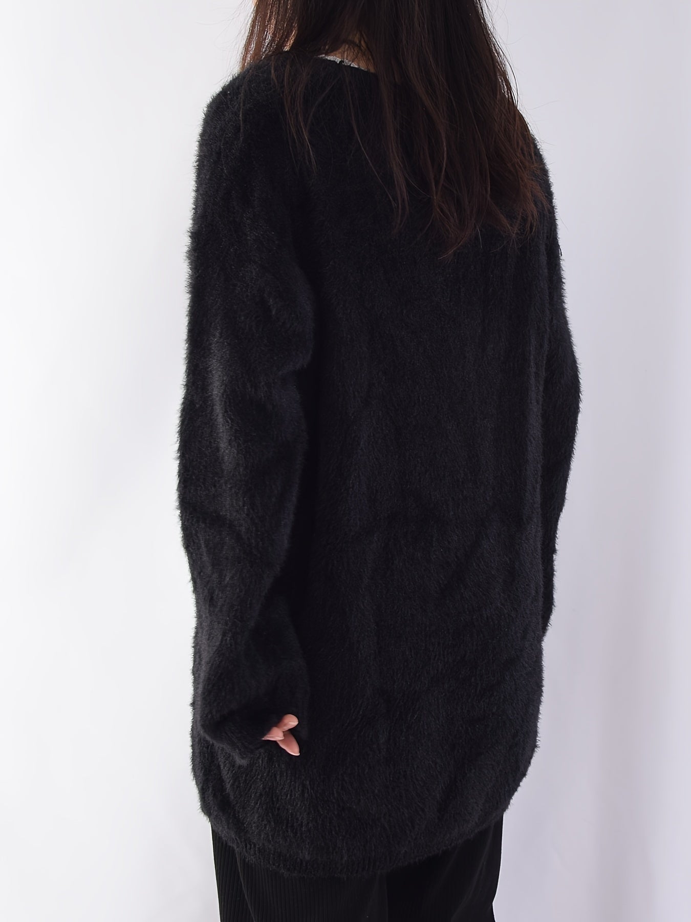 Sixsr Solid V Neck Soft Pullover Sweater, Casual Long Sleeve Loose Cozy Sweater, Women's Clothing