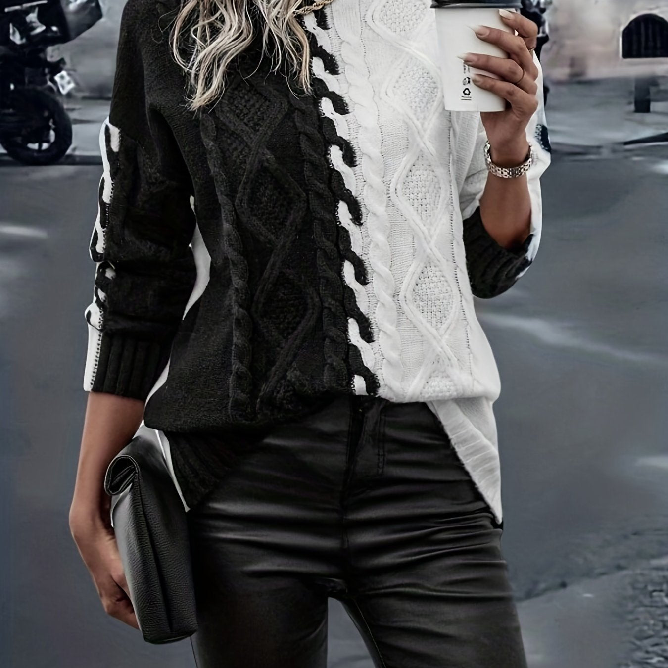 Sixsr Color Block Knit Sweater, Casual High Neck Long Sleeve Sweater, Women's Clothing