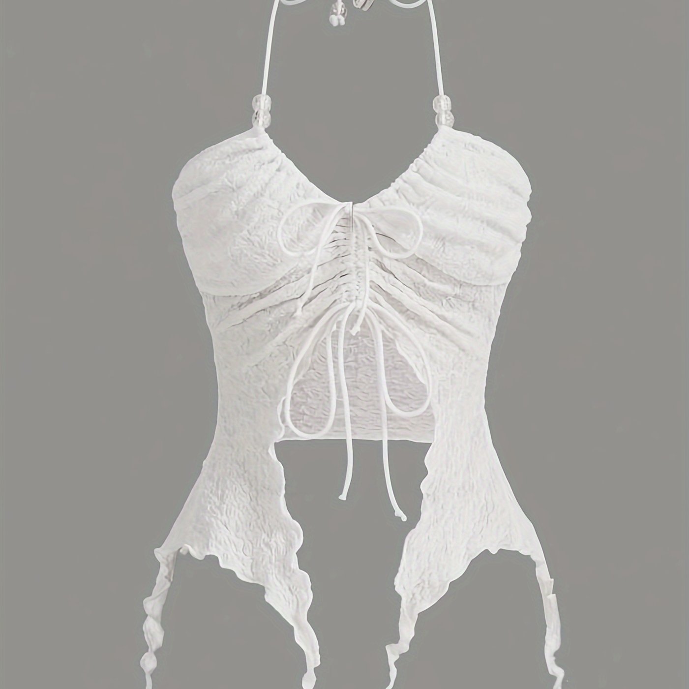 Sixsr Y2K Drawstring Asymmetric Hem Halter Top, Lettuce Trim Bead Detail Top, Women's Clothing