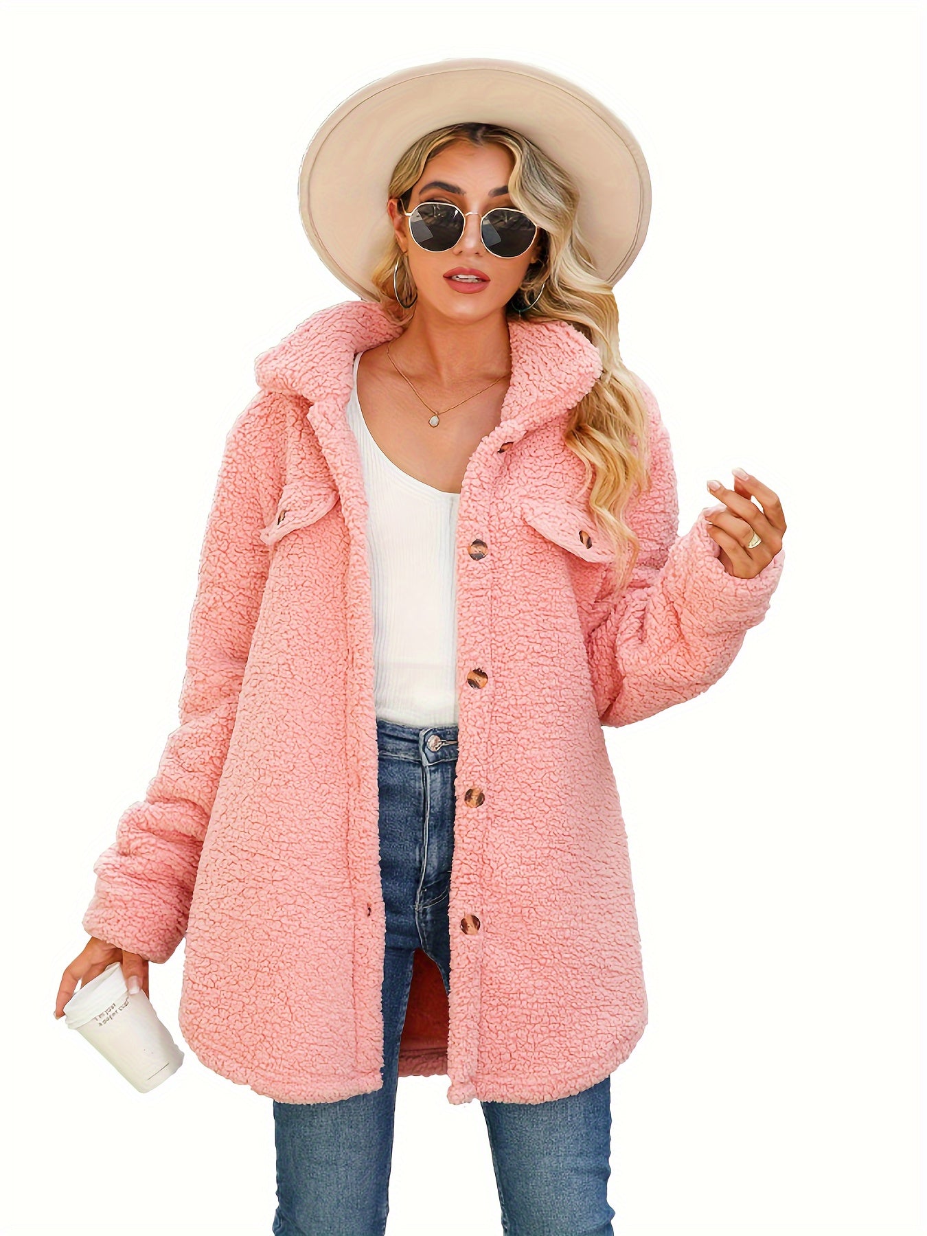 Sixsr Solid Button Front Teddy Coat, Casual Long Sleeve Winter Warm Outerwear, Women's Clothing