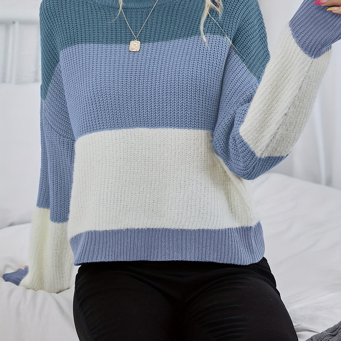 Sixsr Color Block Crew Neck Pullover Sweater, Casual Long Sleeve Drop Shoulder Sweater, Women's Clothing