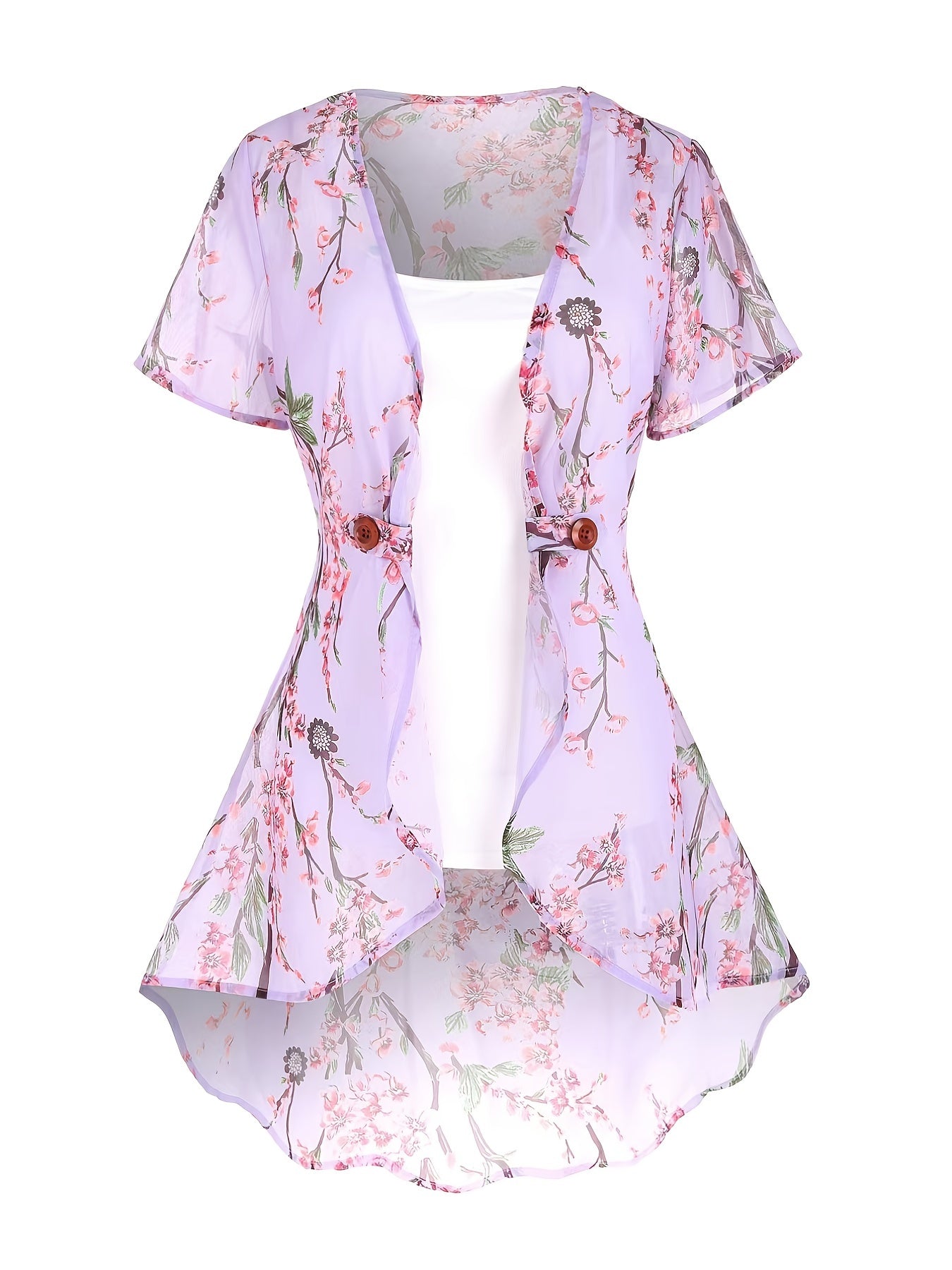 Women's Floral Print Two-piece Set - Casual Tank Top & Open Front Kimono Outfit for Comfortable and Stylish Look