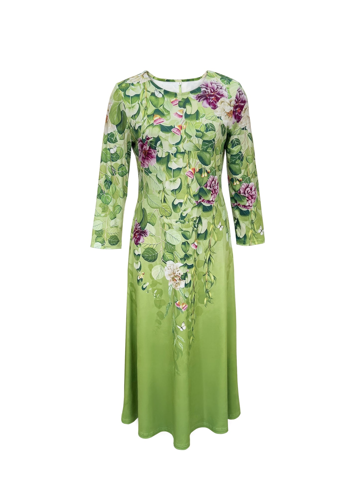 Sixsr Vintage Floral Print Dress, Elegant Crew Neck Long Sleeve Dress, Women's Clothing