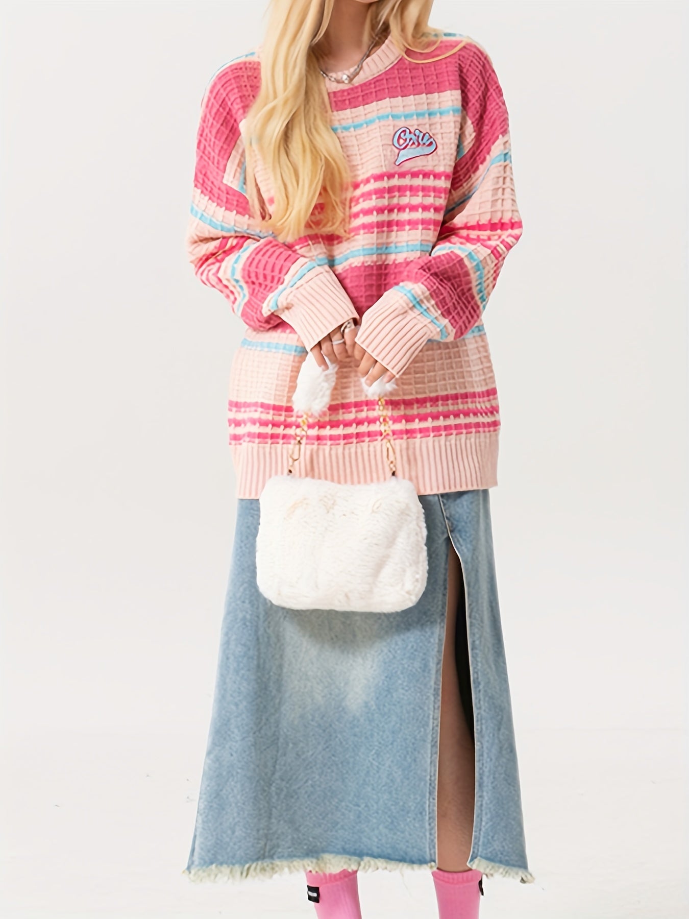 Sixsr Striped Crew Neck Pullover Sweater, Cute Long Sleeve Sweater For Fall & Winter, Women's Clothing