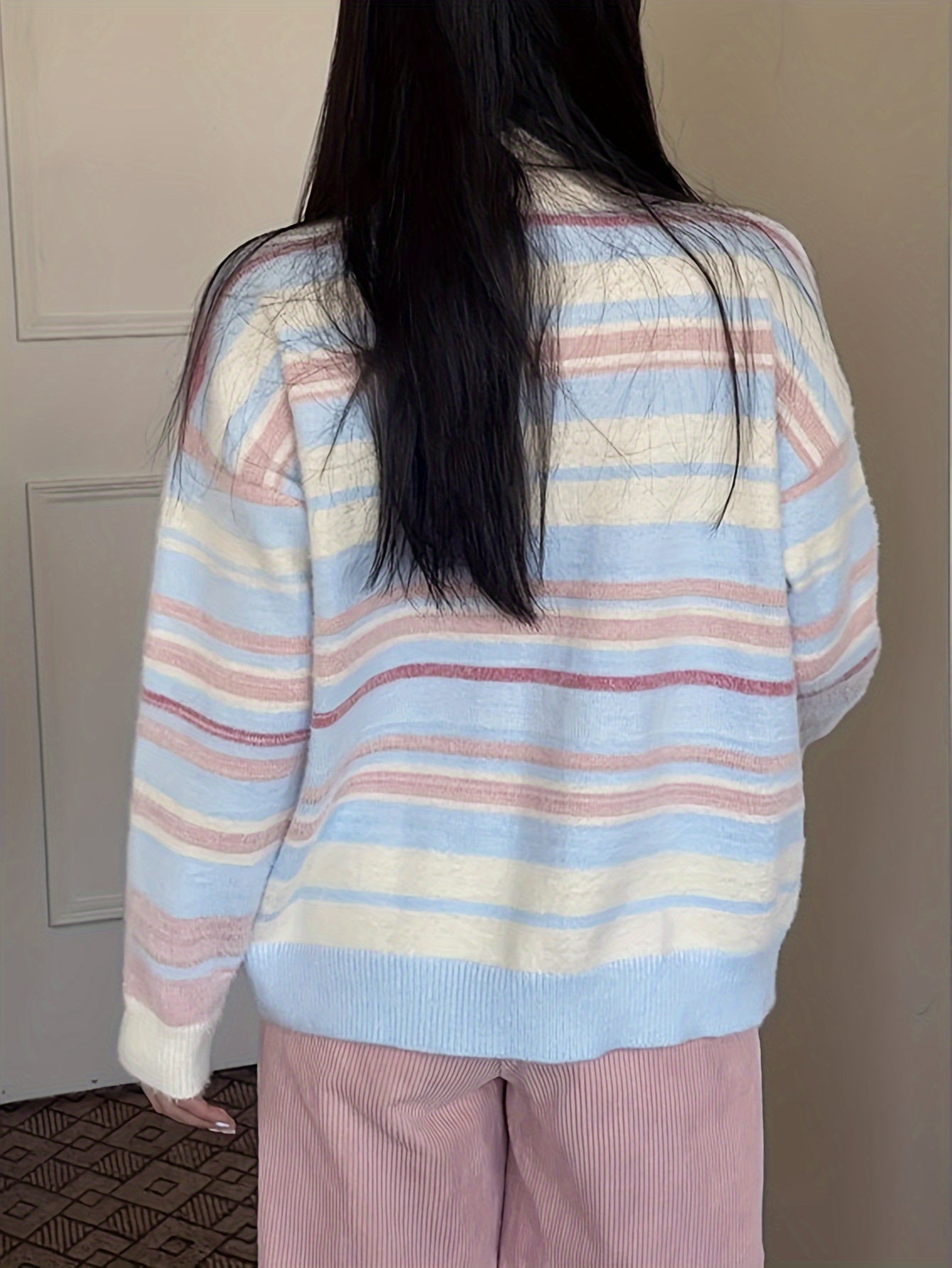 Sixsr Dopamine Striped Zip Up Knit Cardigan, Casual Turtle Neck Long Sleeve Loose Sweater, Women's Clothing