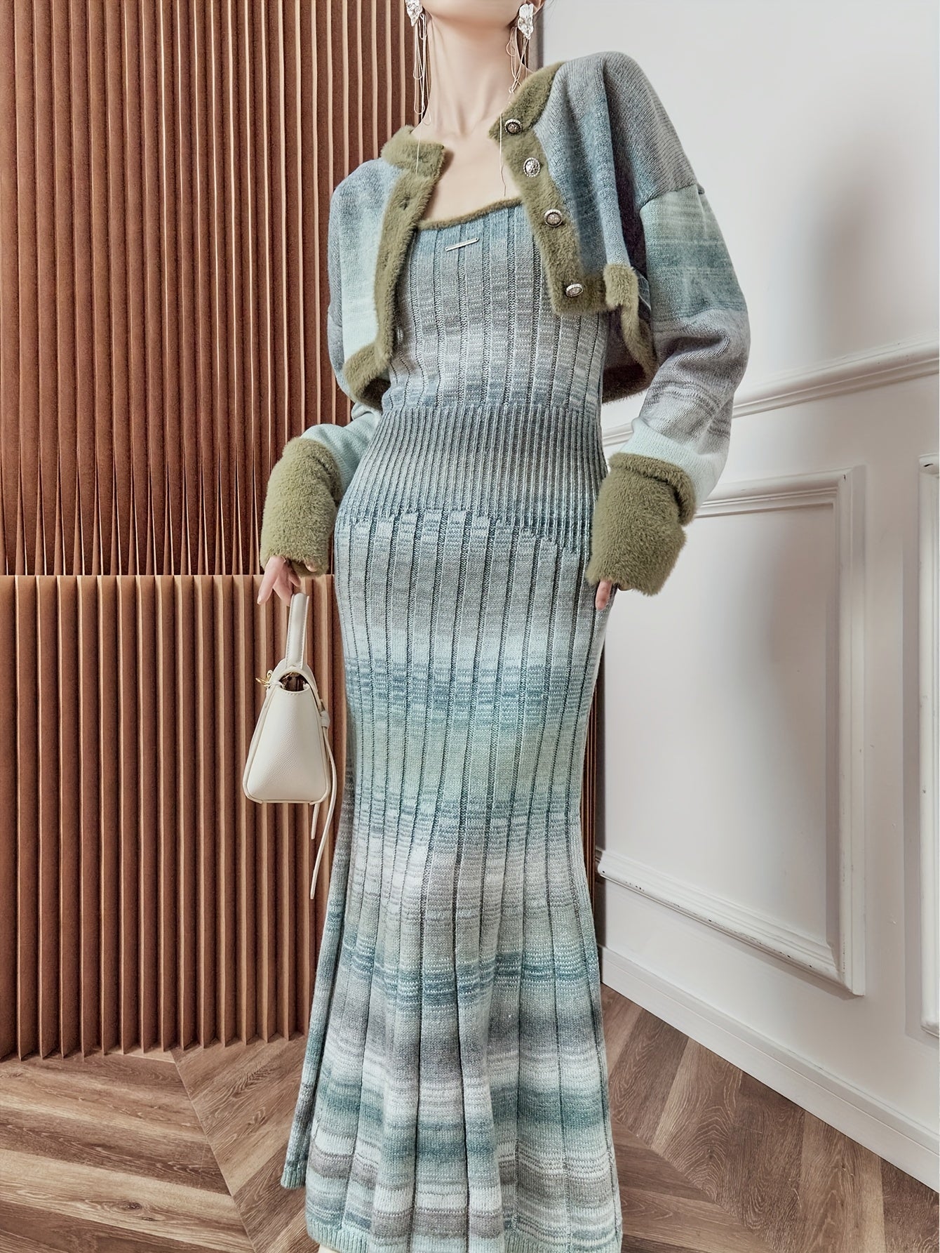 Sixsr Elegant Slim Two-piece Dress Set, Long Sleeve Button Front Crop Coat & Slim Pleated Long Length Dress Outfits, Women's Clothing