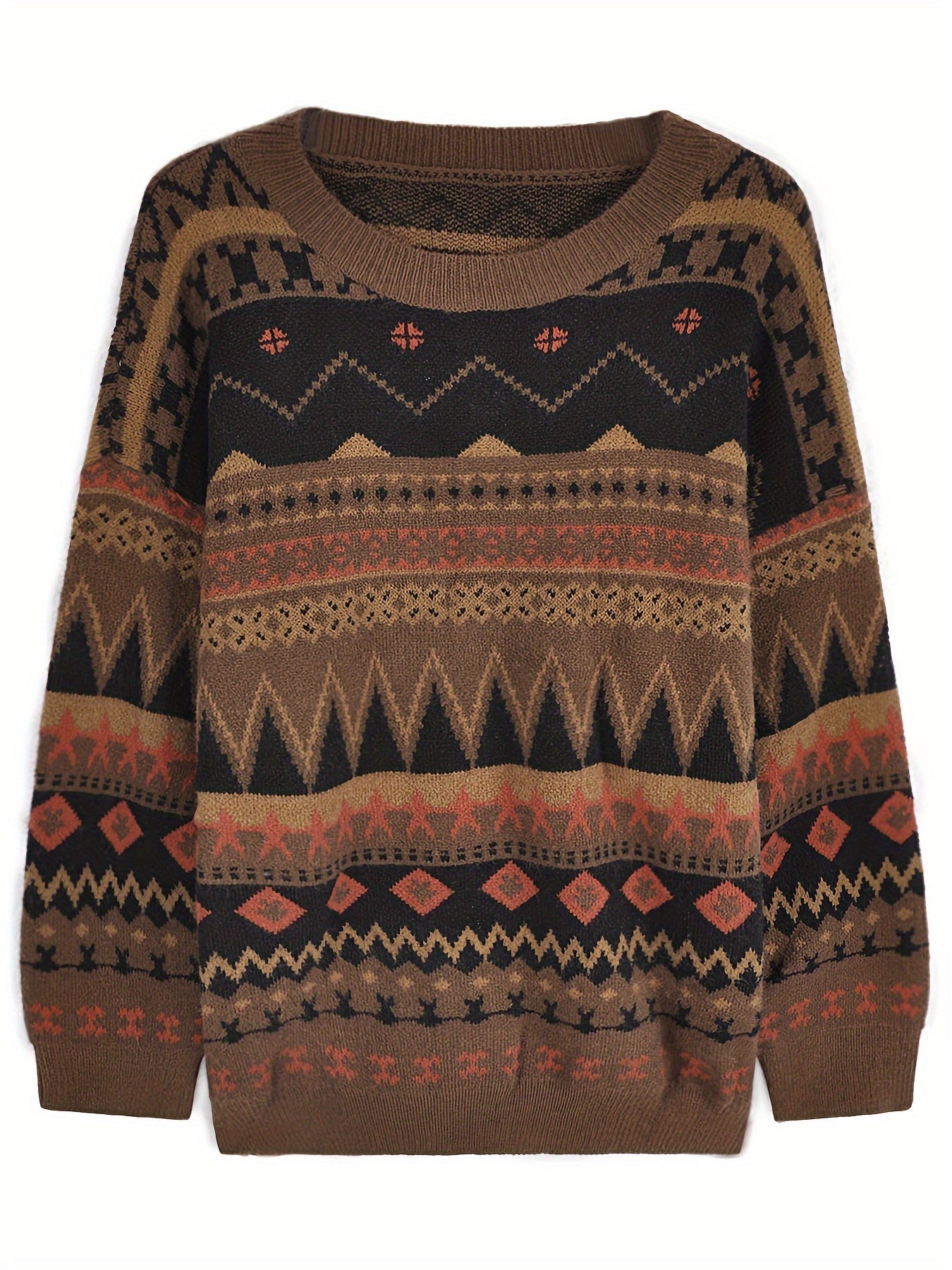 Sixsr Geo Pattern Crew Neck Pullover Sweater, Vintage Long Sleeve Loose Sweater, Women's Clothing