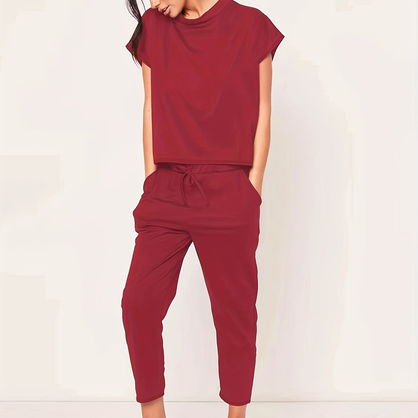 Sixsr Casual Solid Pantsuits Two-piece Set, Short Sleeve Round Neck Tops & Drawstring Cropped Pants Set, Women's Clothing