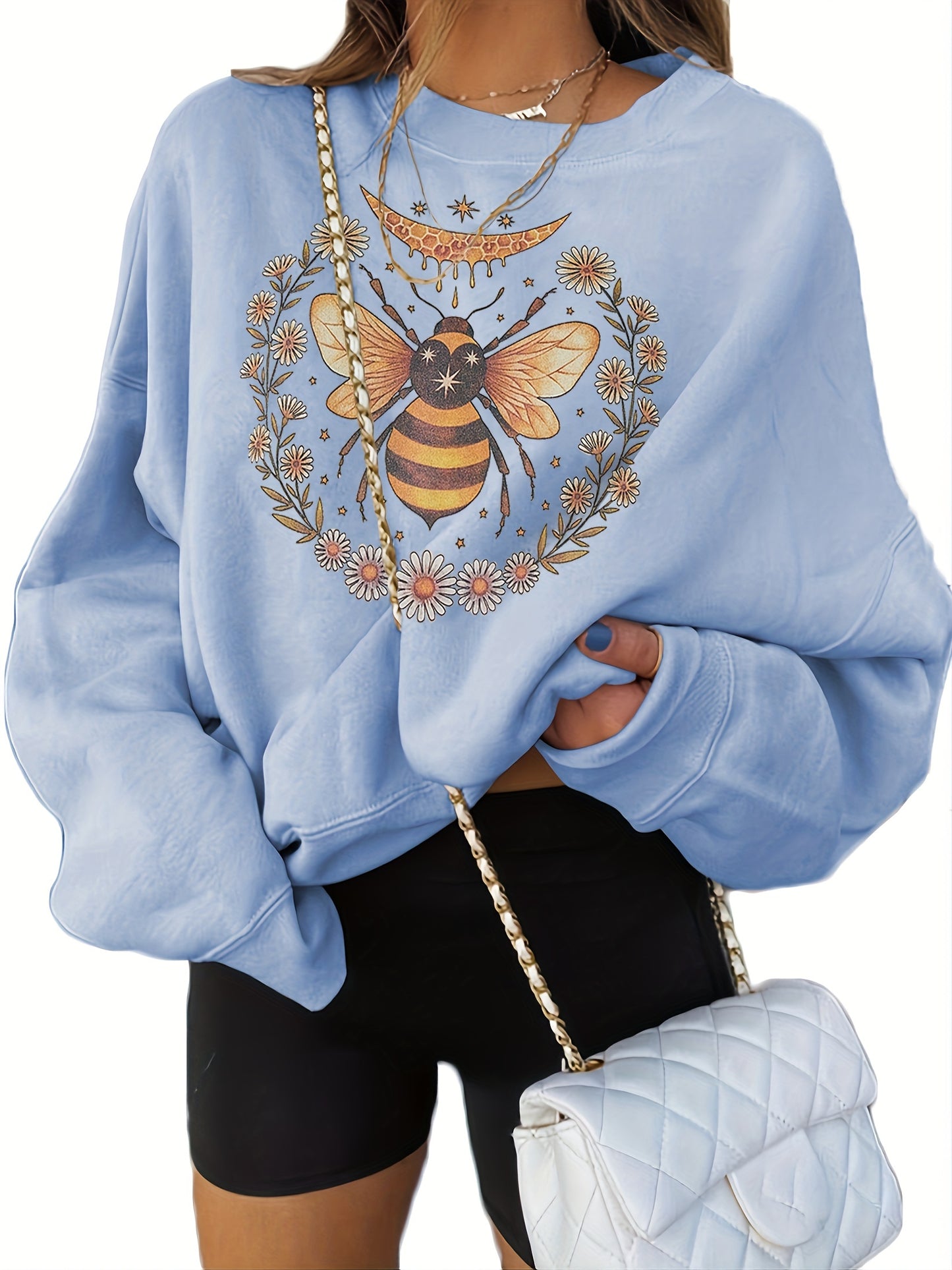 Sixsr Round Neck Bee Print Pullover, Casual Fashion Loose Long Sleeve Sweatshirt, Women's Clothing