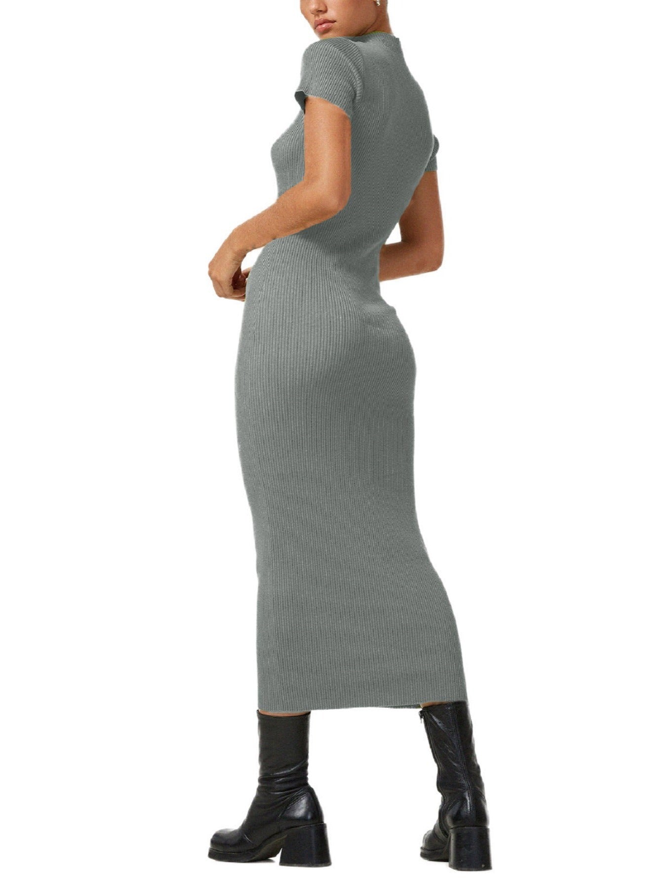 Sixsr Women's Dresses Sexy Casual Short Sleeve High Neck Hollowed Slim Fit Solid Bodycon Long Dress