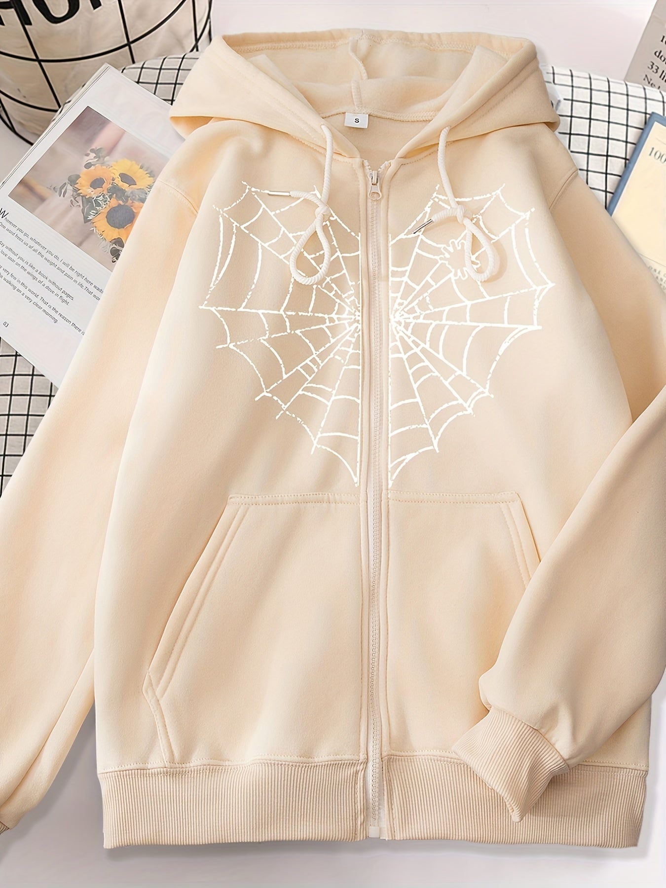 Sixsr Heart Web Print Zip Hoodie, Long Sleeve Zipper Thermal Hoodie Coat With Pocket, Streetwear Hooded Jacket