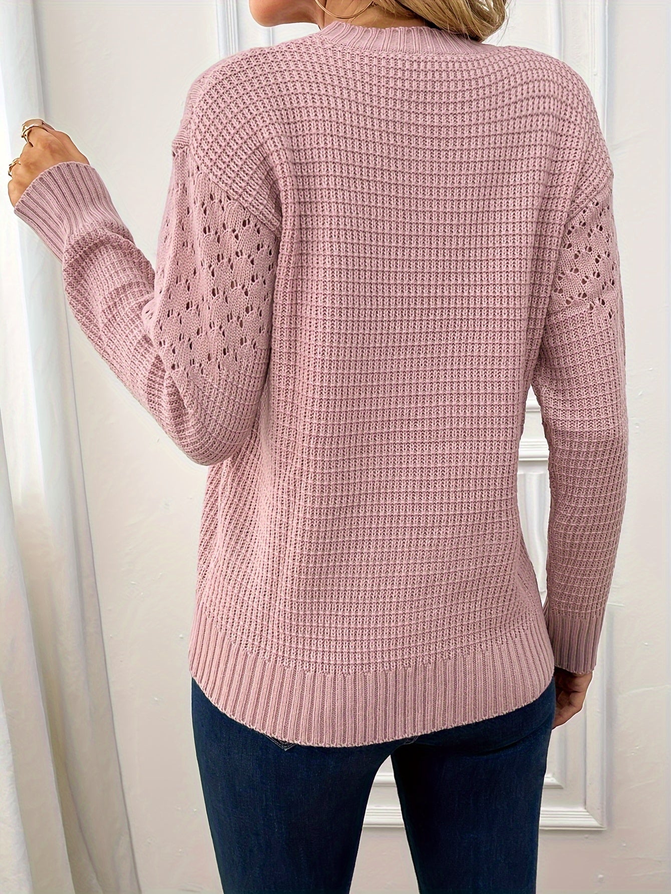 Sixsr Knitted Cut Out Pullover Sweater, Casual Crew Neck Long Sleeve Sweater For Spring & All, Women's Clothing