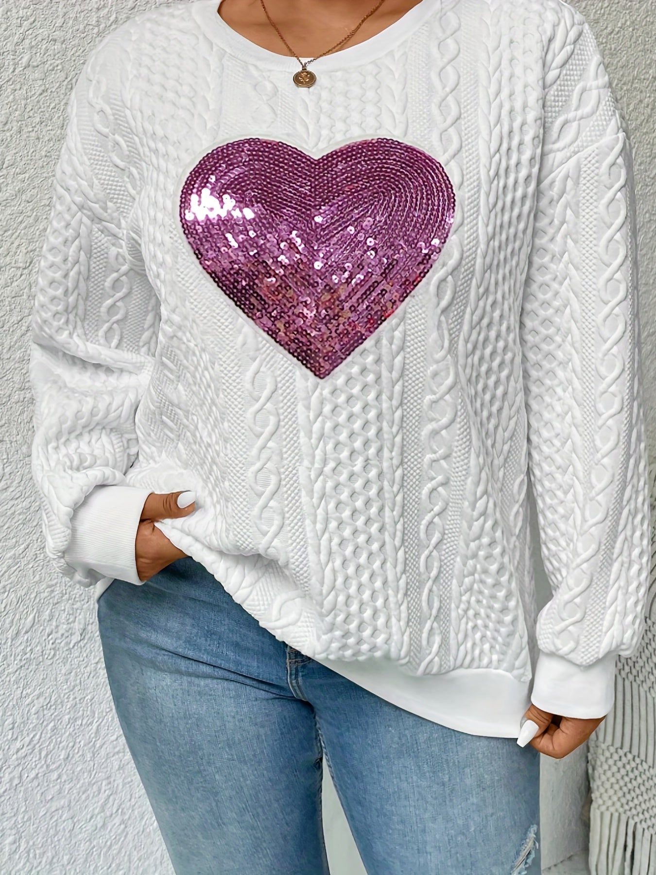 Sixsr Casual Sweatshirt, Women's Plus Sequin Heart Print Cable Long Sleeve Crew Neck Slight Stretch Pullover Sweatshirt Plus Size, Casual Tops For Fall & Winter, Women's Clothing