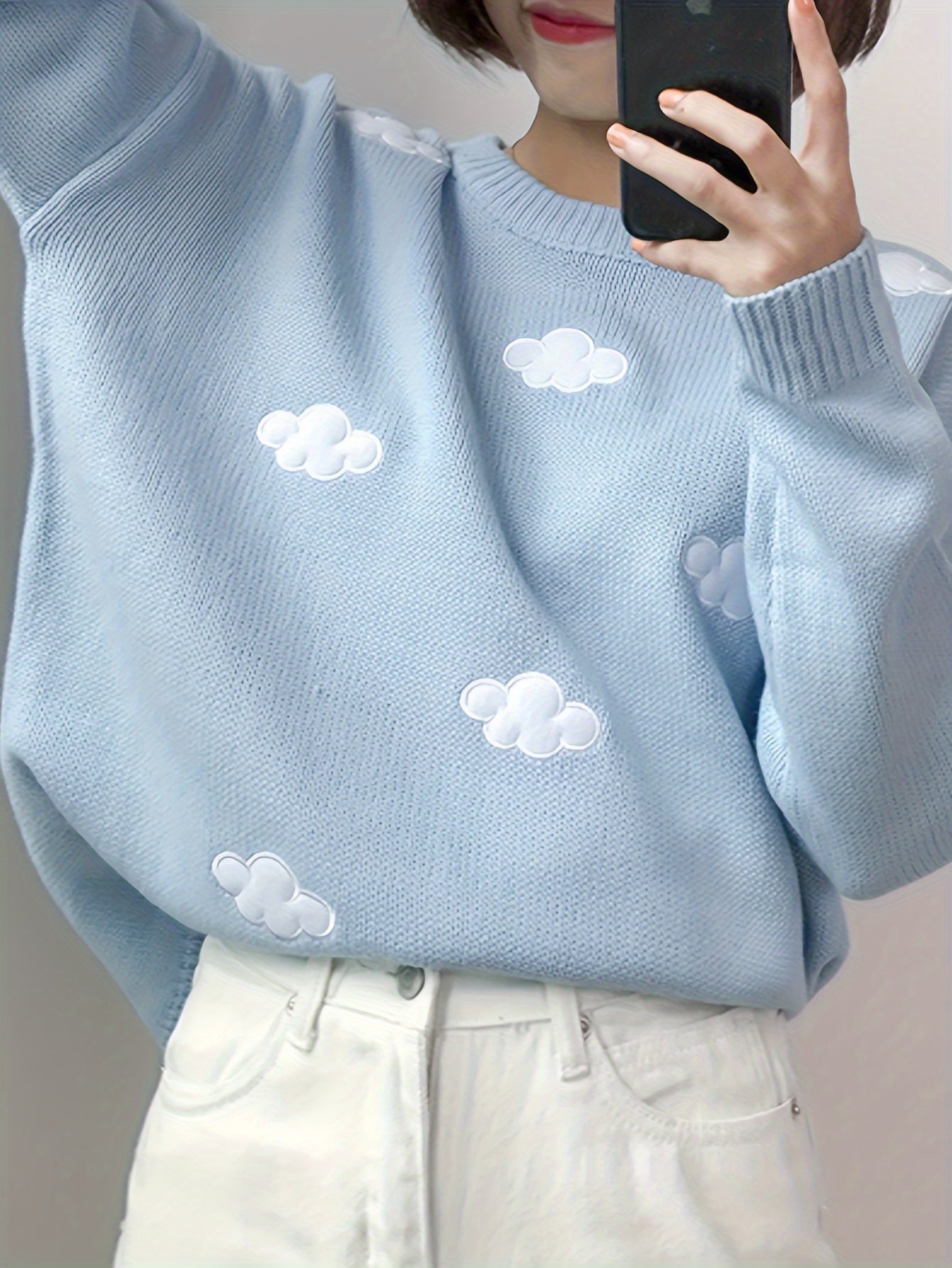 Sixsr Preppy Cloud Pattern Sweater, Long Sleeve Casual Cute Sweater For Winter & Fall, Women's Clothing