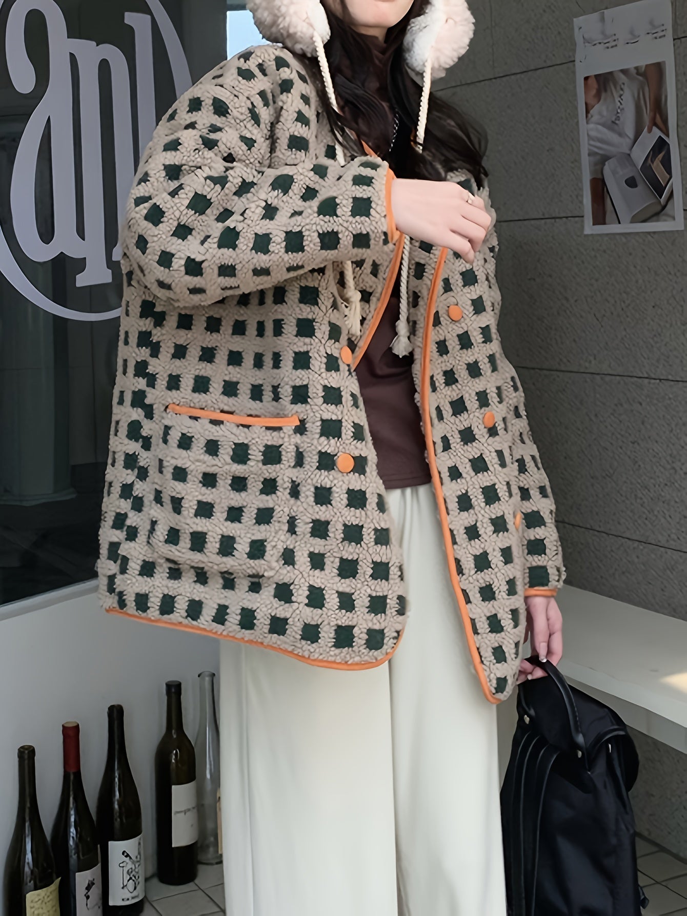 Sixsr Plaid Pattern Button Front Faux Fur Coat, Casual Long Sleeve Outwear For Fall & Winter, Women's Clothing