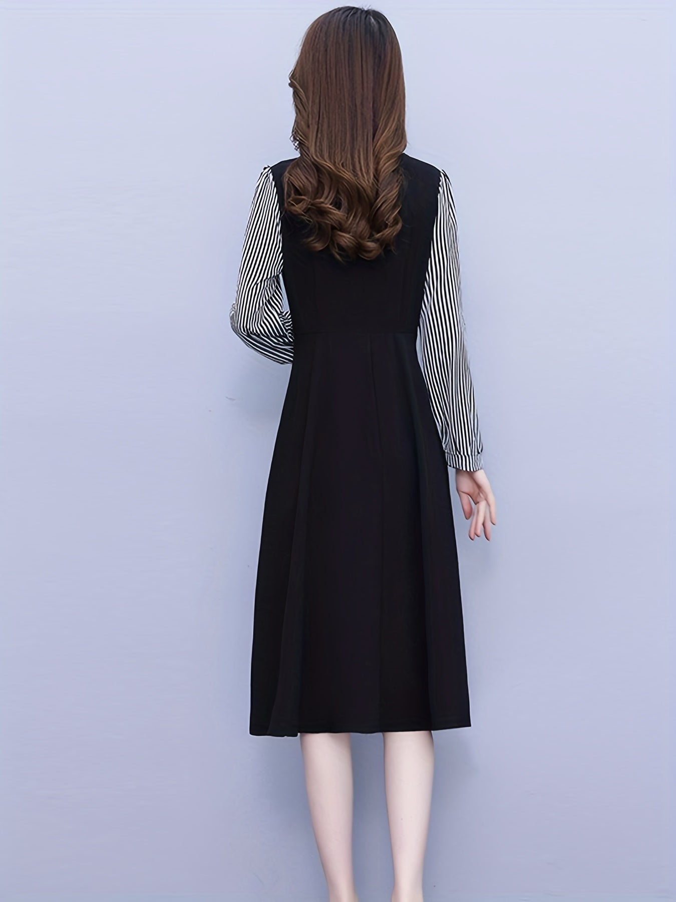 Sixsr Striped Print Splicing Dress, Elegant Long Sleeve Midi Dress, Women's Clothing