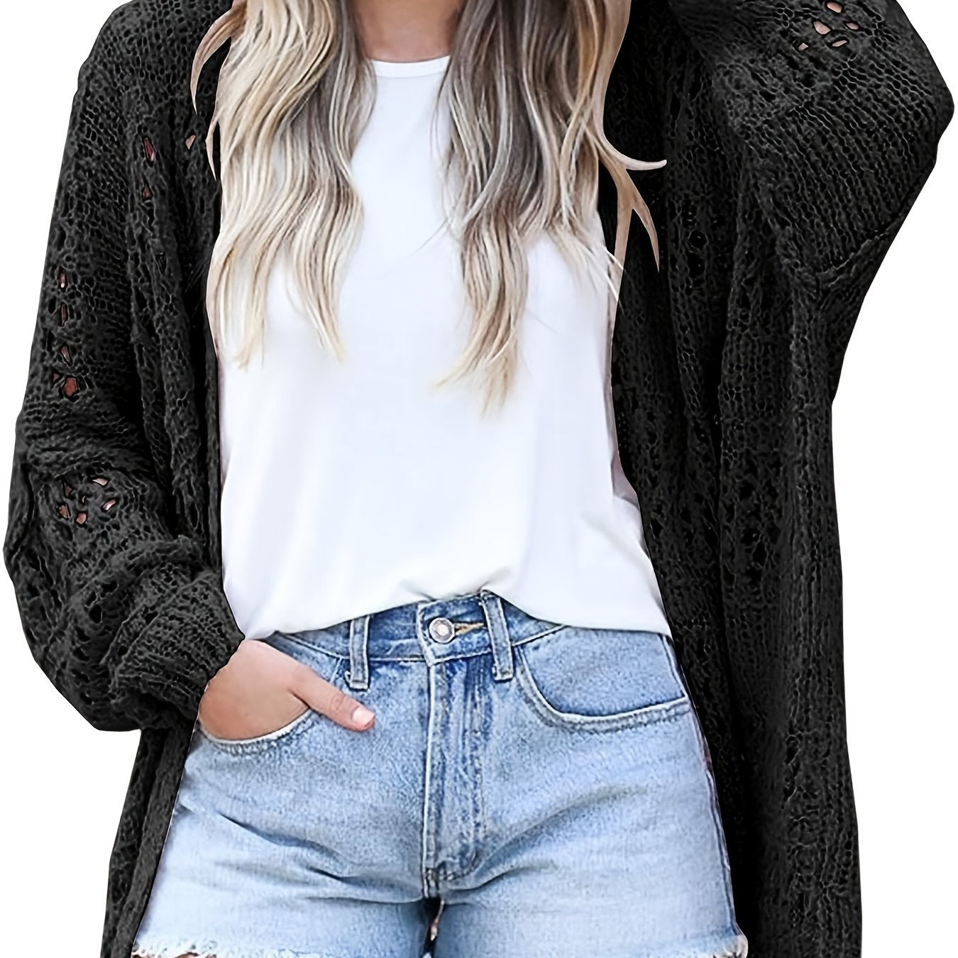 Sixsr Open Front Drop Shoulder Cardigan, Casual Long Sleeve Cardigan For Fall & Winter, Women's Clothing
