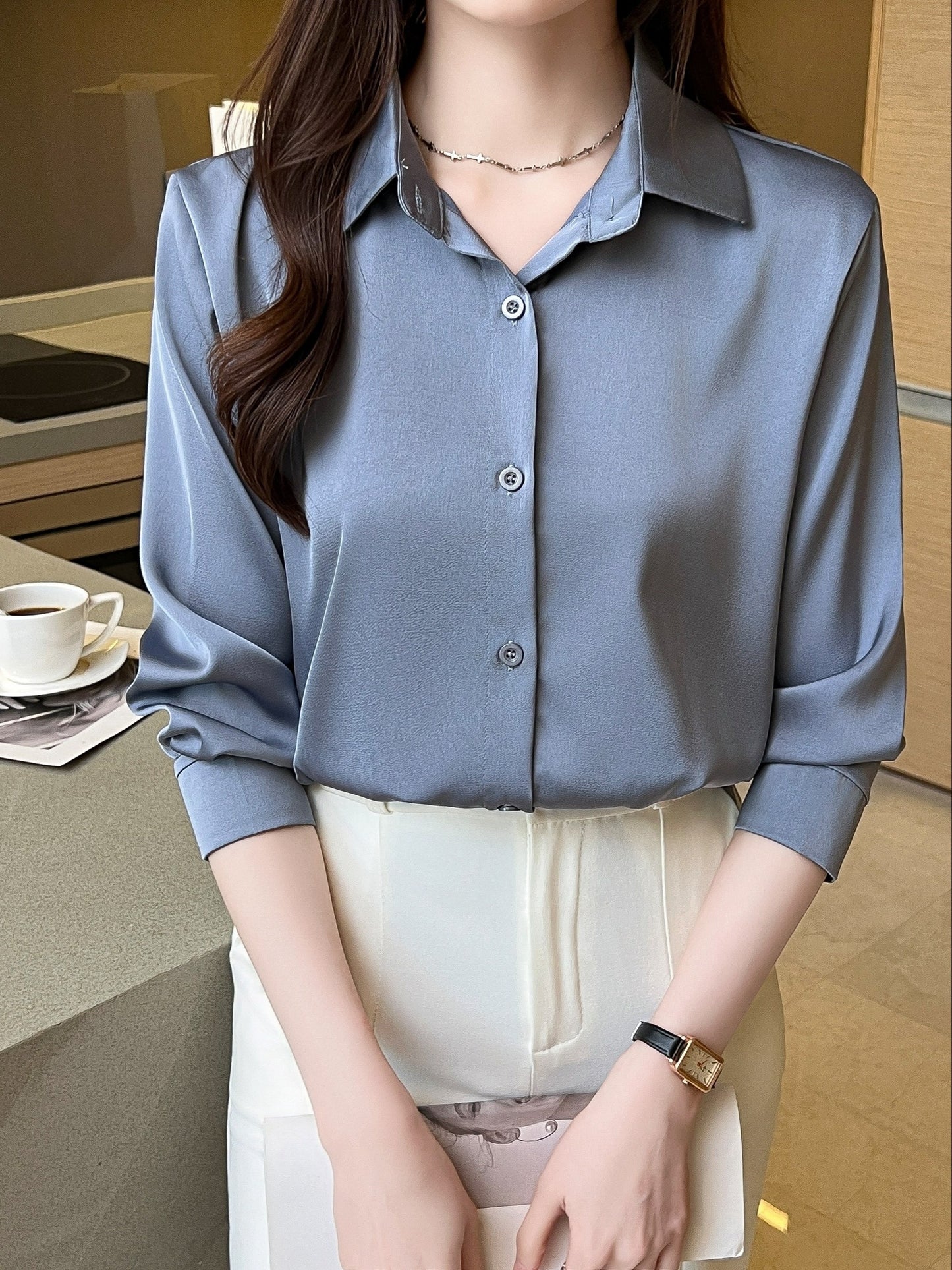Sixsr Solid Button Front Shirt, Casual Long Sleeve Collar Work Office Shirt, Women's Clothing