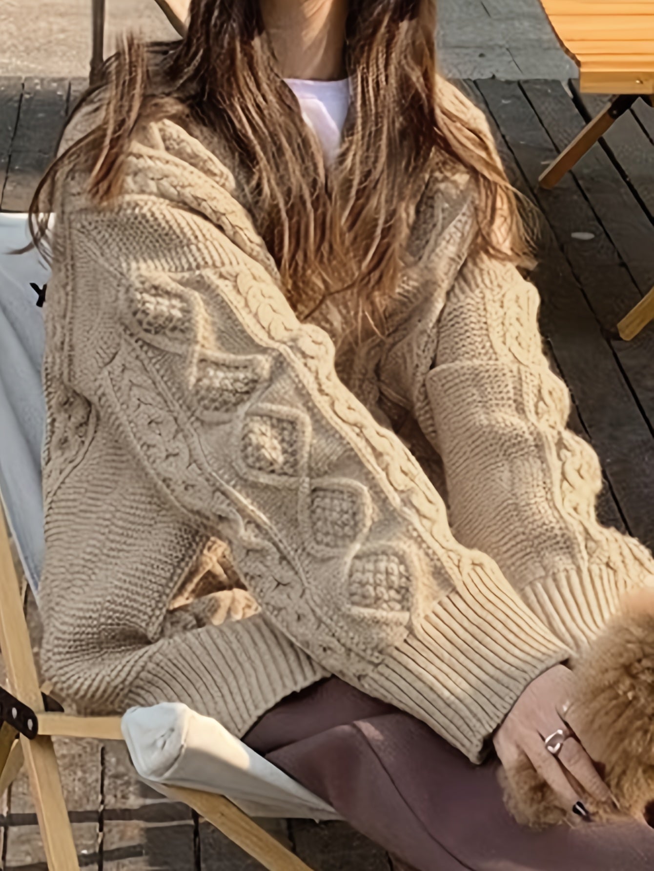 Sixsr Solid Buckle Cable Knit Sweater, Casual Long Sleeve Loose Pullover Sweater, Women's Clothing
