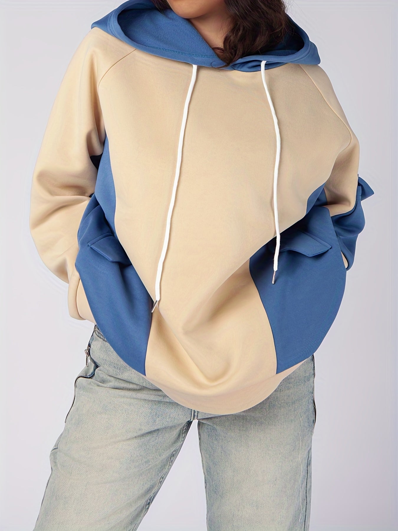 Sixsr Plus Size Casual Sweatshirt, Women's Plus Colorblock Long Sleeve Drawstring Hooded Pullover Sweatshirt With Flap Pockets, Casual Tops For Fall & Winter, Plus Size Women's Clothing