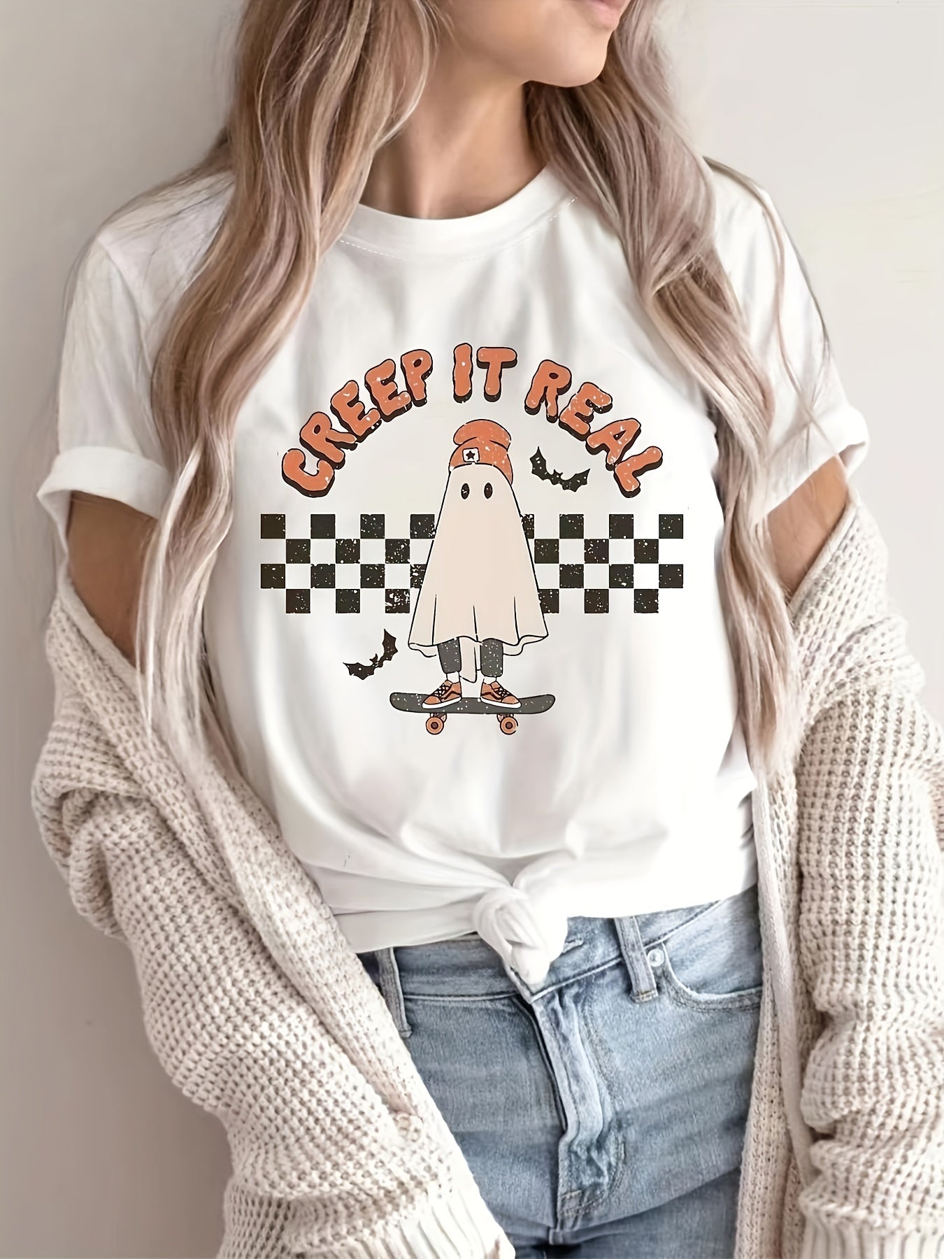 Sixsr Halloween Ghost Print T-shirt, Casual Short Sleeve Crew Neck T-shirt For Spring & Summer, Women's Clothing
