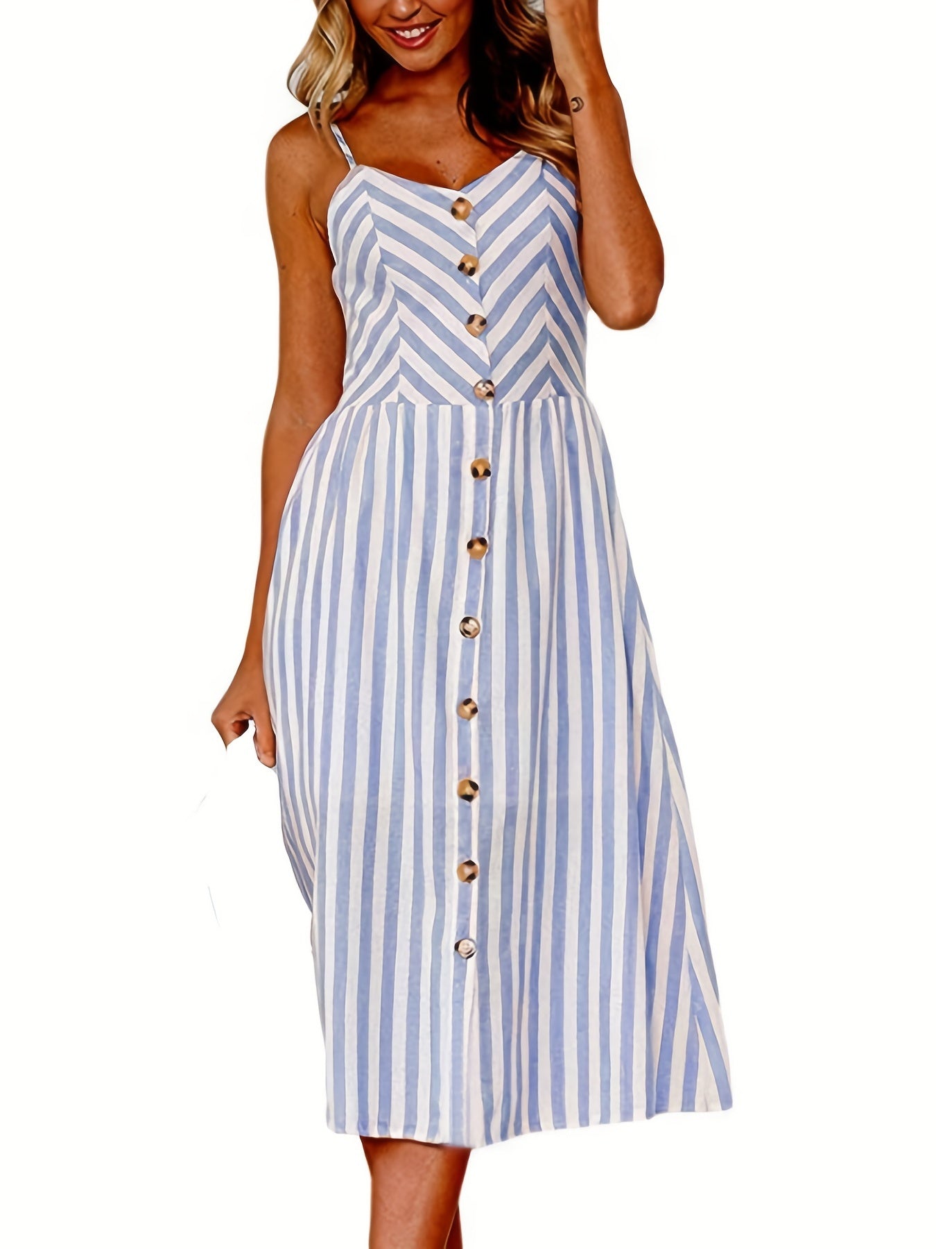 Sixsr Pocket Striped Cami Dress, Sexy Backless Casual Dress For Summer & Spring, Women's Clothing