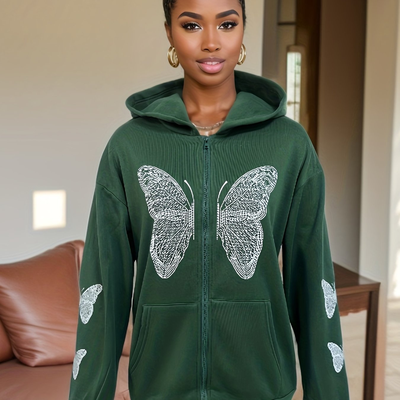 Sixsr Y2K Butterfly Print Sweatshirt, Long Sleeve Crew Neck Zip Up Hoodies Sweatshirts, Casual Tops For Fall & Winter, Women's Clothing