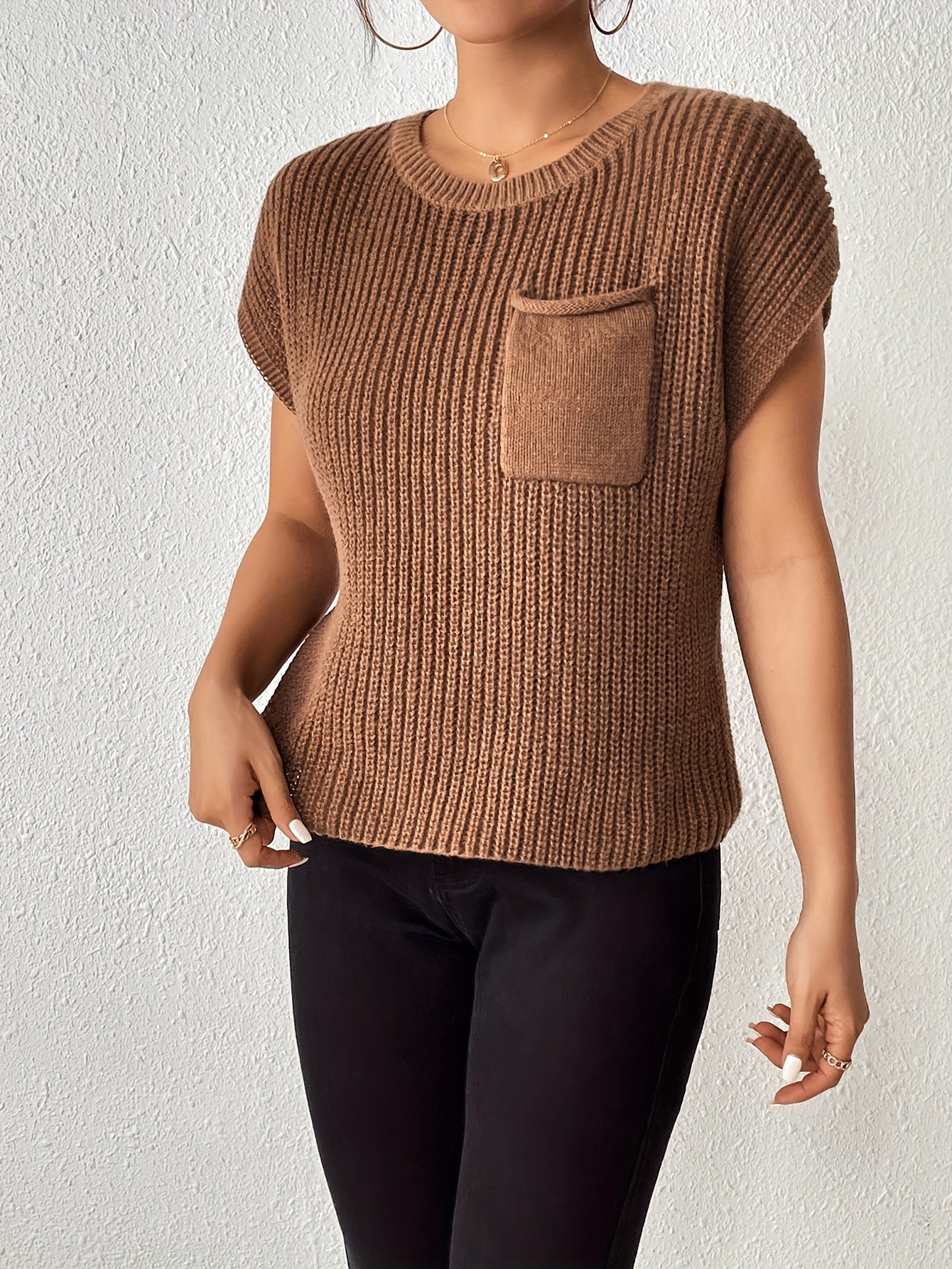 Sixsr Solid Crew Neck Knitted Vest, Casual Sleeveless Pocket Sweater Vest, Women's Clothing