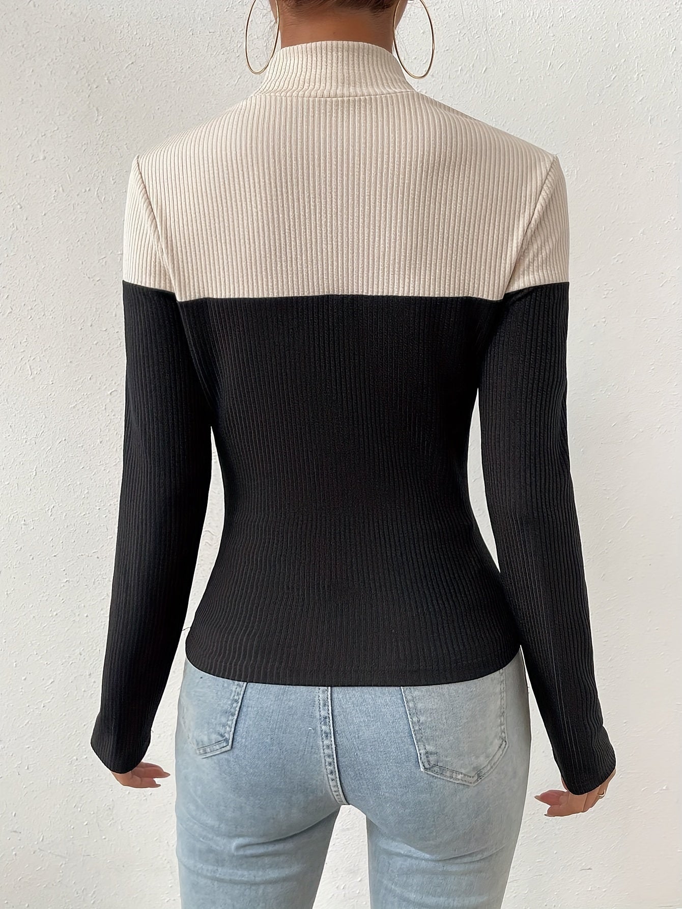 Sixsr Ribbed Colorblock Mock Neck T-Shirt, Casual Long Sleeve Top For Spring & Fall, Women's Clothing