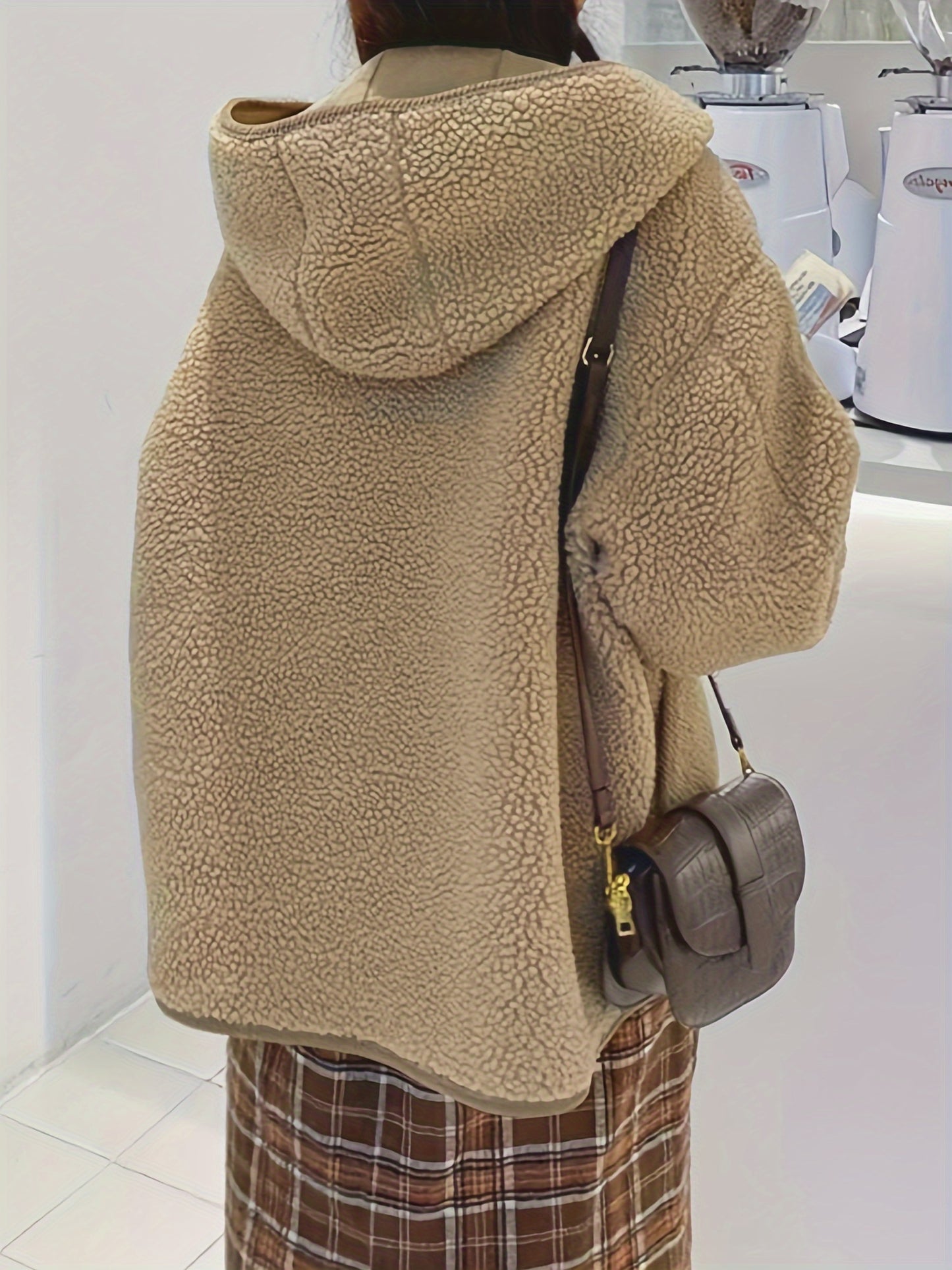 Sixsr Solid Hooded Teddy Coat, Casual Button Front Long Sleeve Winter Outerwear, Women's Clothing
