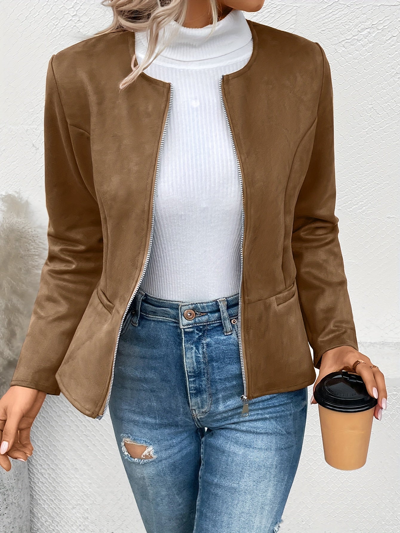 Sixsr Solid Zip Up Jacket, Casual Long Sleeve Crew Neck Outerwear For Spring & Fall, Women's Clothing