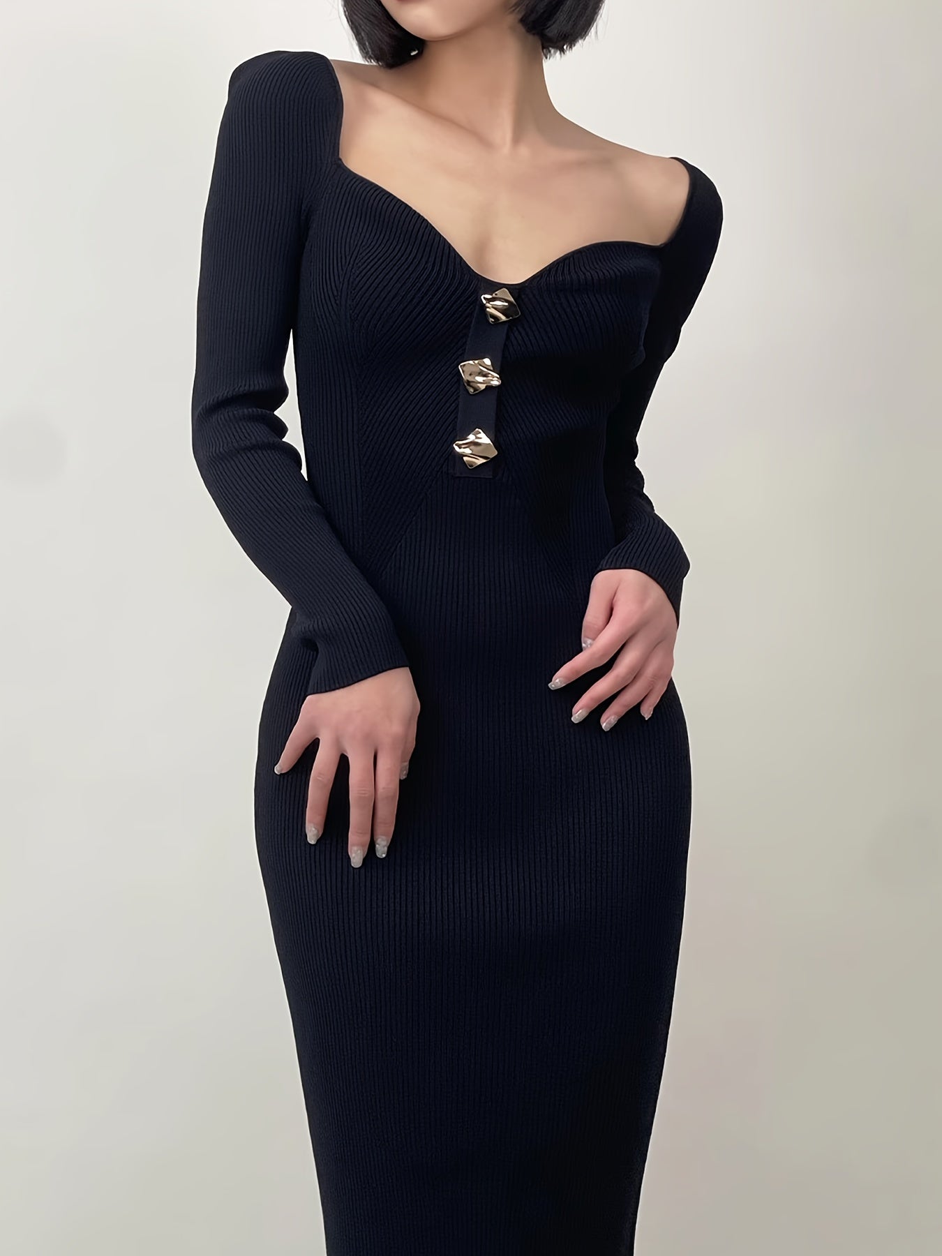 Sixsr Stylish Button Bodycon Knit Dress, Elegant Long Sleeve V Neck Midi Dress, Women's Clothing