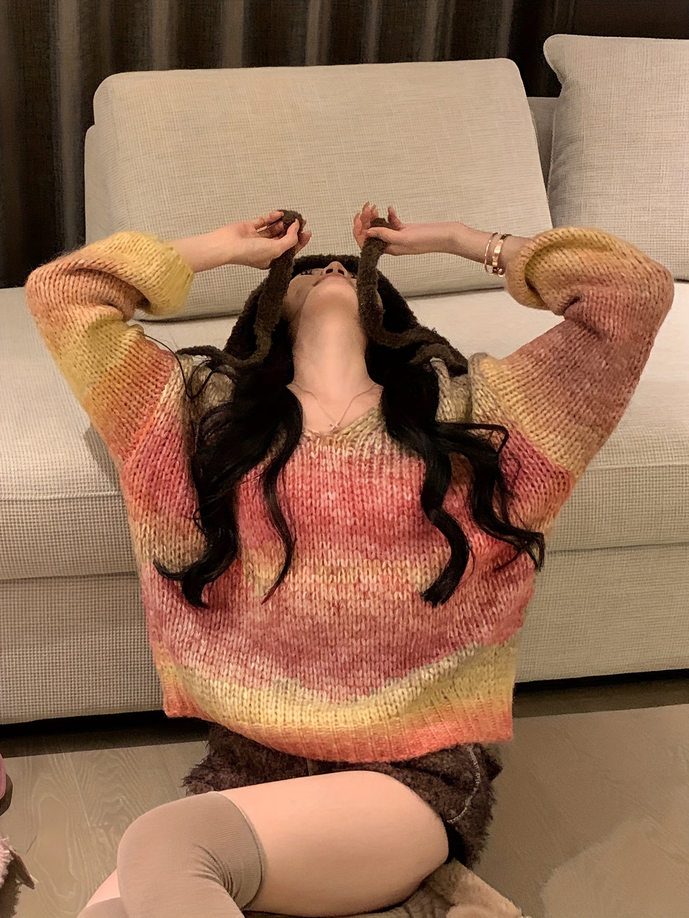 Sixsr Tie Dye V Neck Pullover Sweater, Vintage Long Sleeve Loose Sweater, Women's Clothing