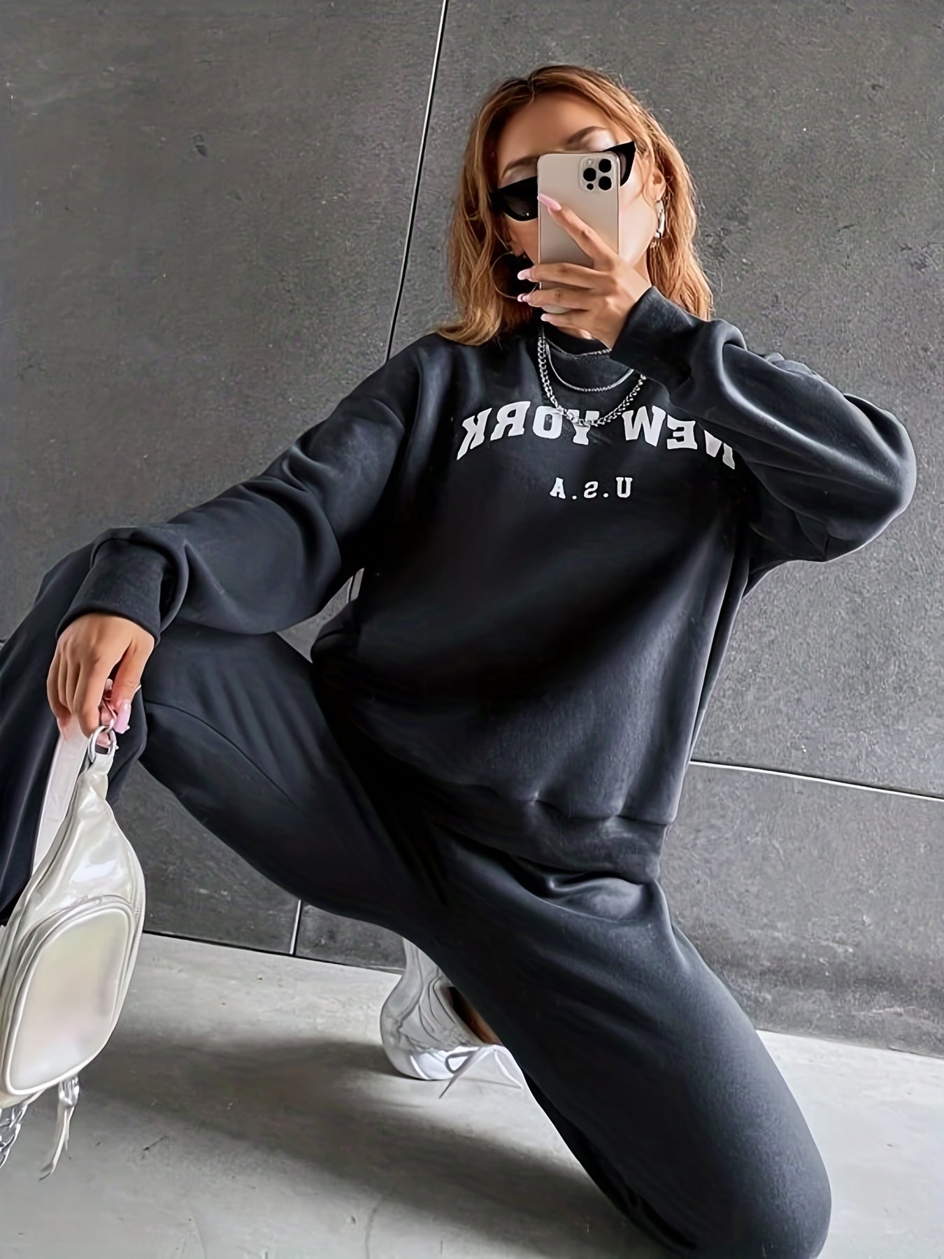 Sixsr Casual Workout Two-piece Set, Letter Print Long Sleeve Sweatshirt & Solid Jogger Pants Outfits, Women's Clothing