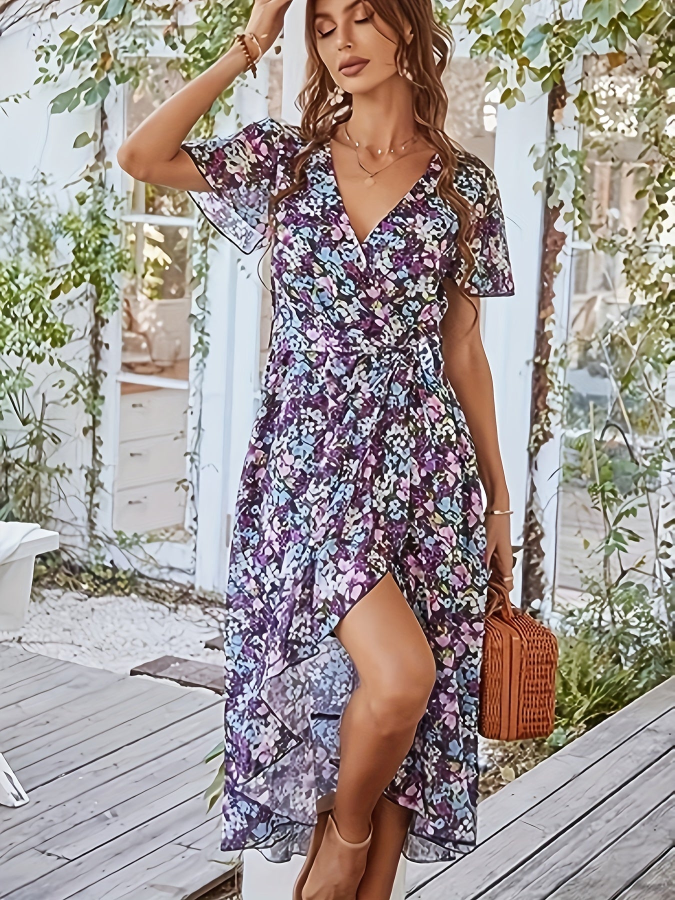 Sixsr Floral Print Wrap Dress, Boho Short Sleeve V Neck Dress, Women's Clothing