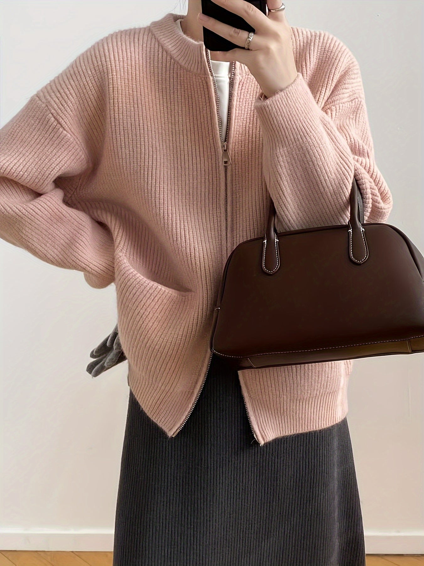 Sixsr Solid Zip Up Knit Cardigan, Casual Long Sleeve Pocket Sweater For Fall & Winter, Women's Clothing