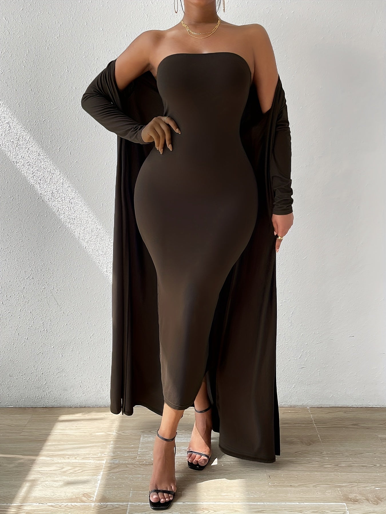 Sixsr Solid Sexy Two-piece Set, Long Sleeve Open Front Cardigan & Off Shoulder Bodycon Dress Outfits, Women's Clothing