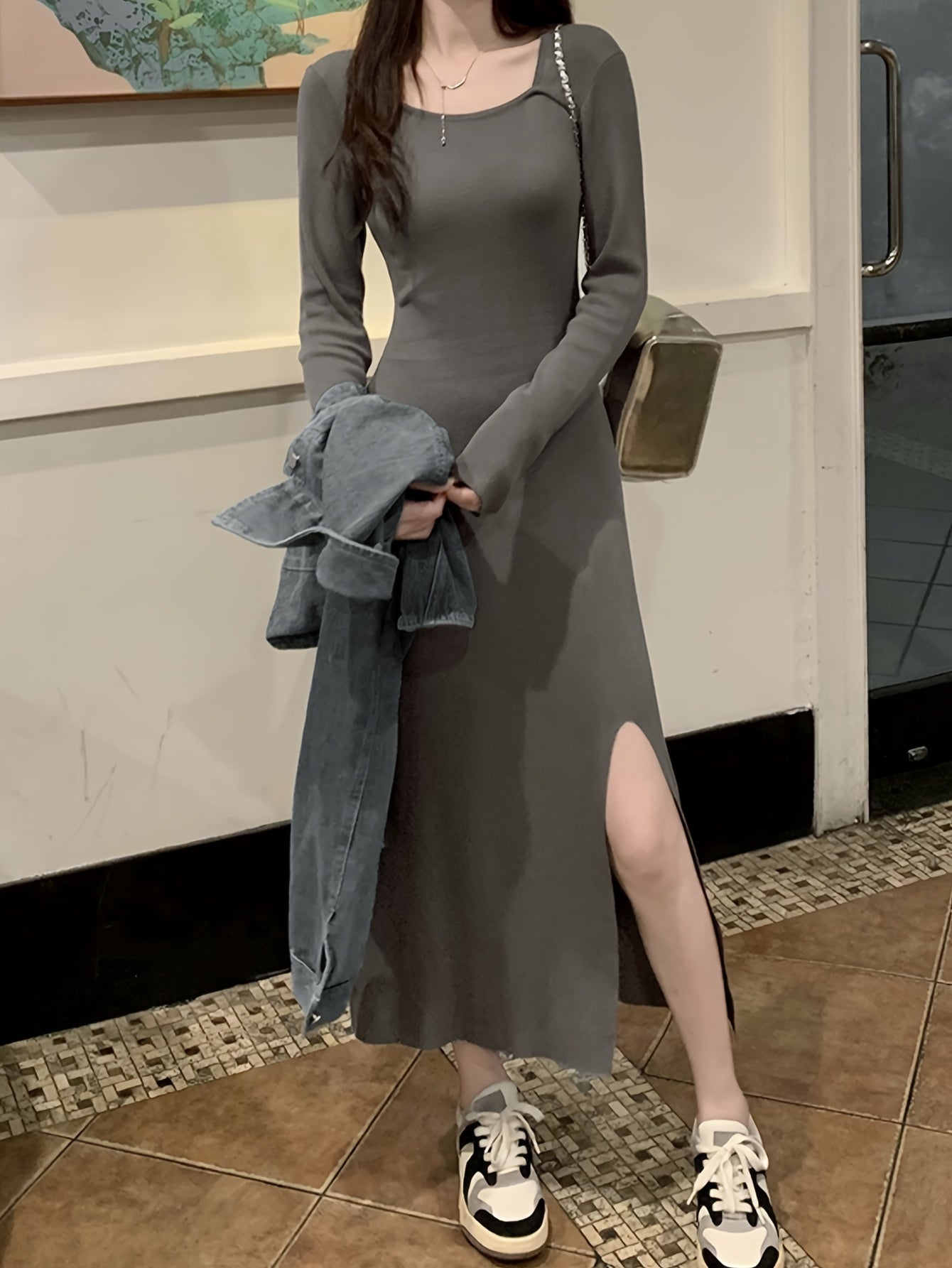 Sixsr Solid Square Neck Split Dress, Elegant Long Sleeve Slim Dress For Spring & Fall, Women's Clothing