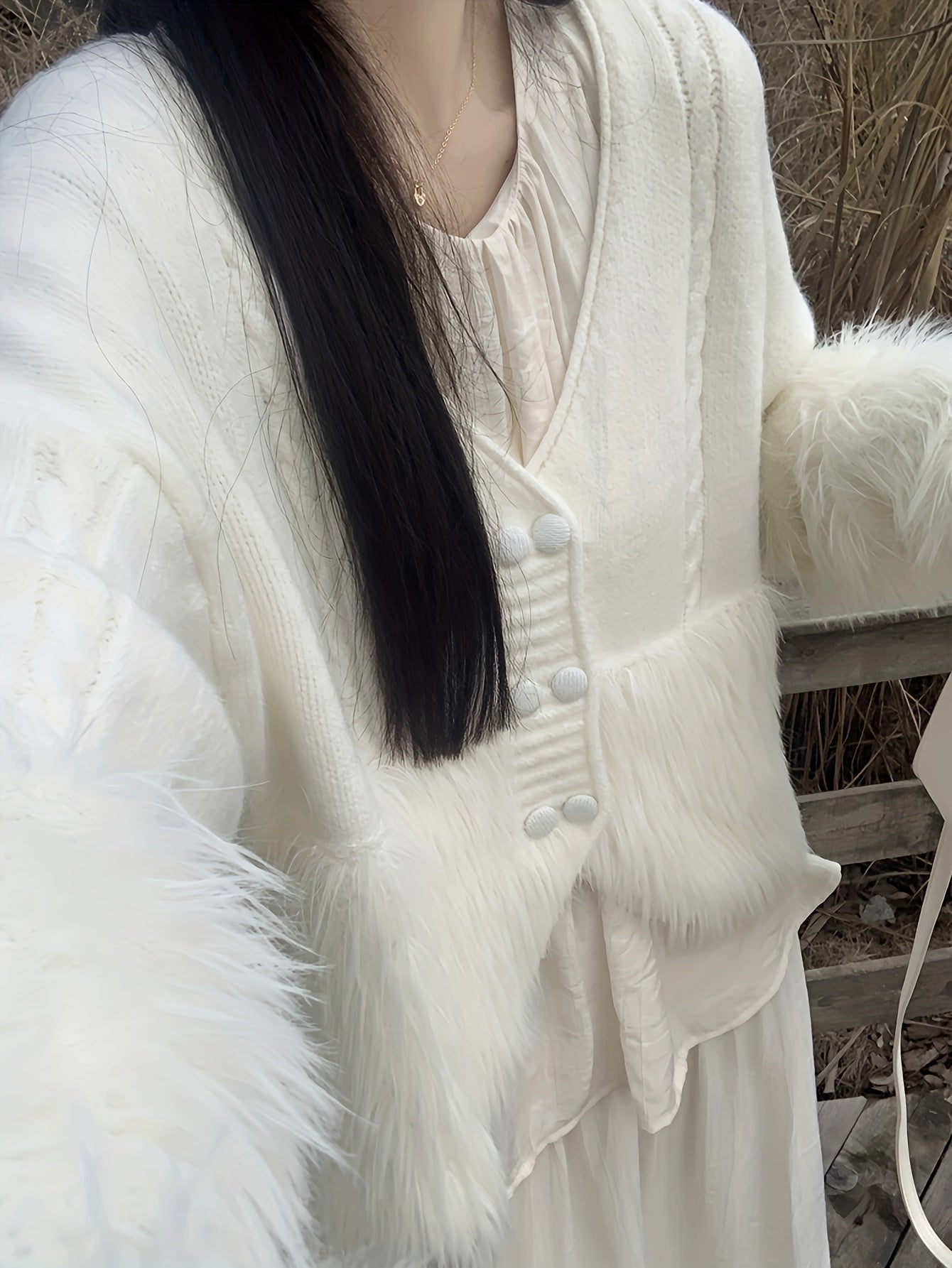 Sixsr Faux Fur Decor Button Front Cardigan, Long Sleeve Cardigan For Fall & Winter, Women's Clothing