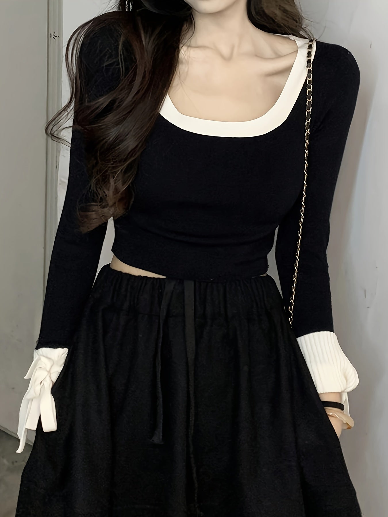 Sixsr Color Block Scoop Neck Knitted Top, Casual Tied Long Sleeve Crop Pullover Sweater, Women's Clothing