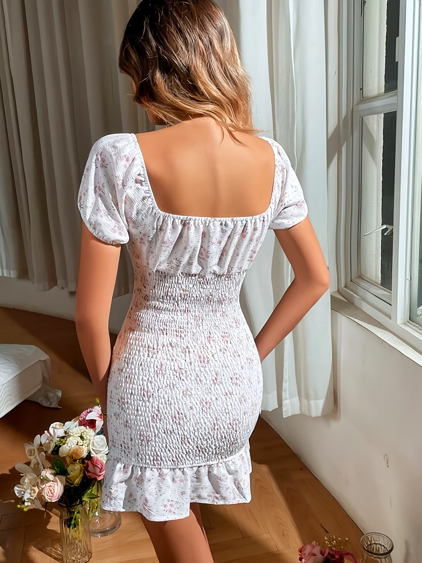 Floral Print Shirred Bodycon Dress, Vacation Short Sleeve Ruffle Hem Dress, Women's Clothing