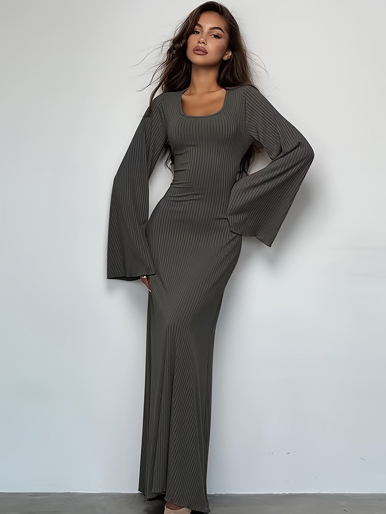 Sixsr Solid Flared Long Sleeve Dress, Casual Squared Neck Maxi Dress, Women's Clothing