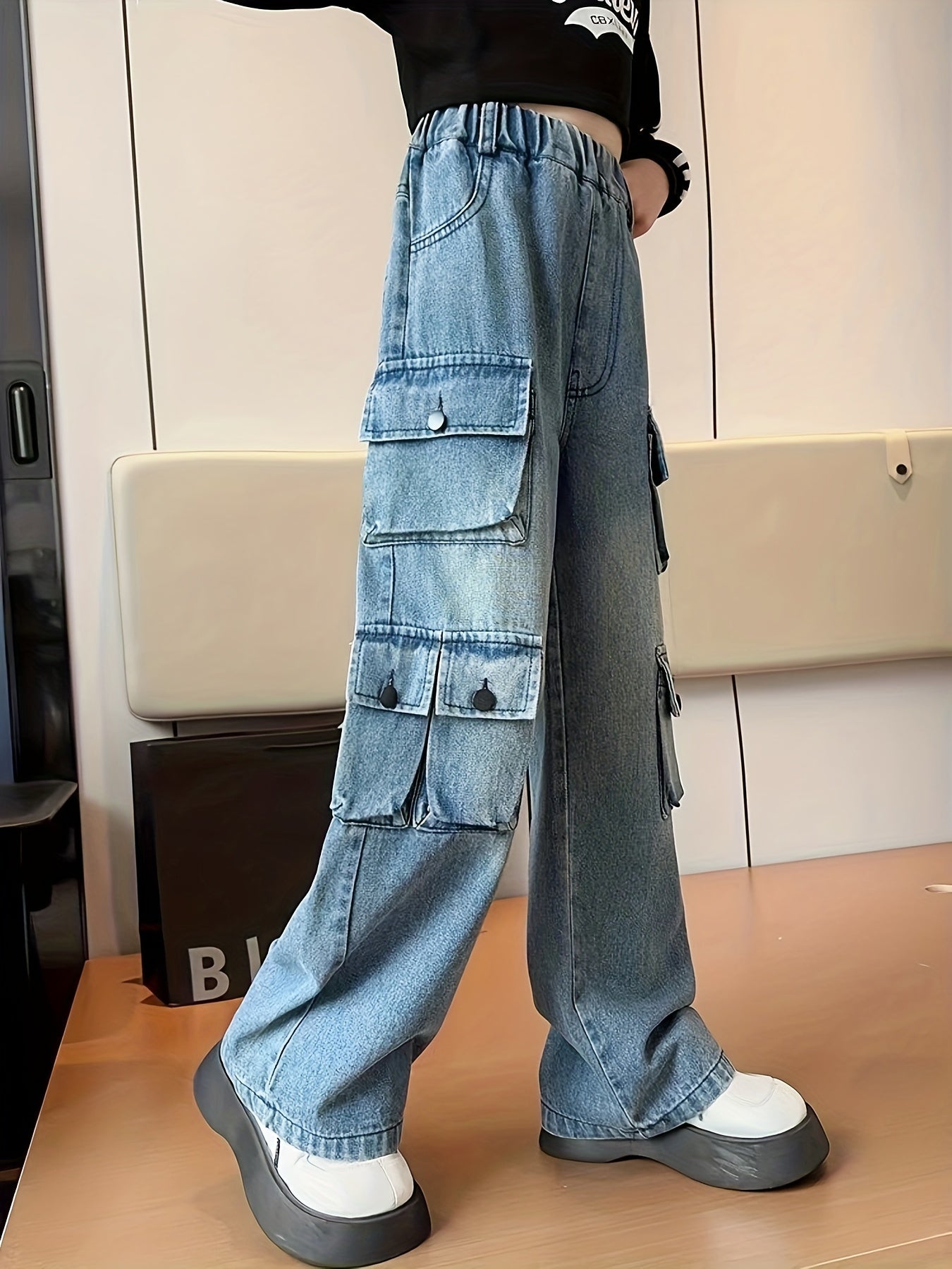 Sixsr Girls' Autumn/winter Trousers, Trendy Loose Straight Multi-pocket Cargo Denim Pants, Kids' Jeans For Outdoor, Kids Clothing