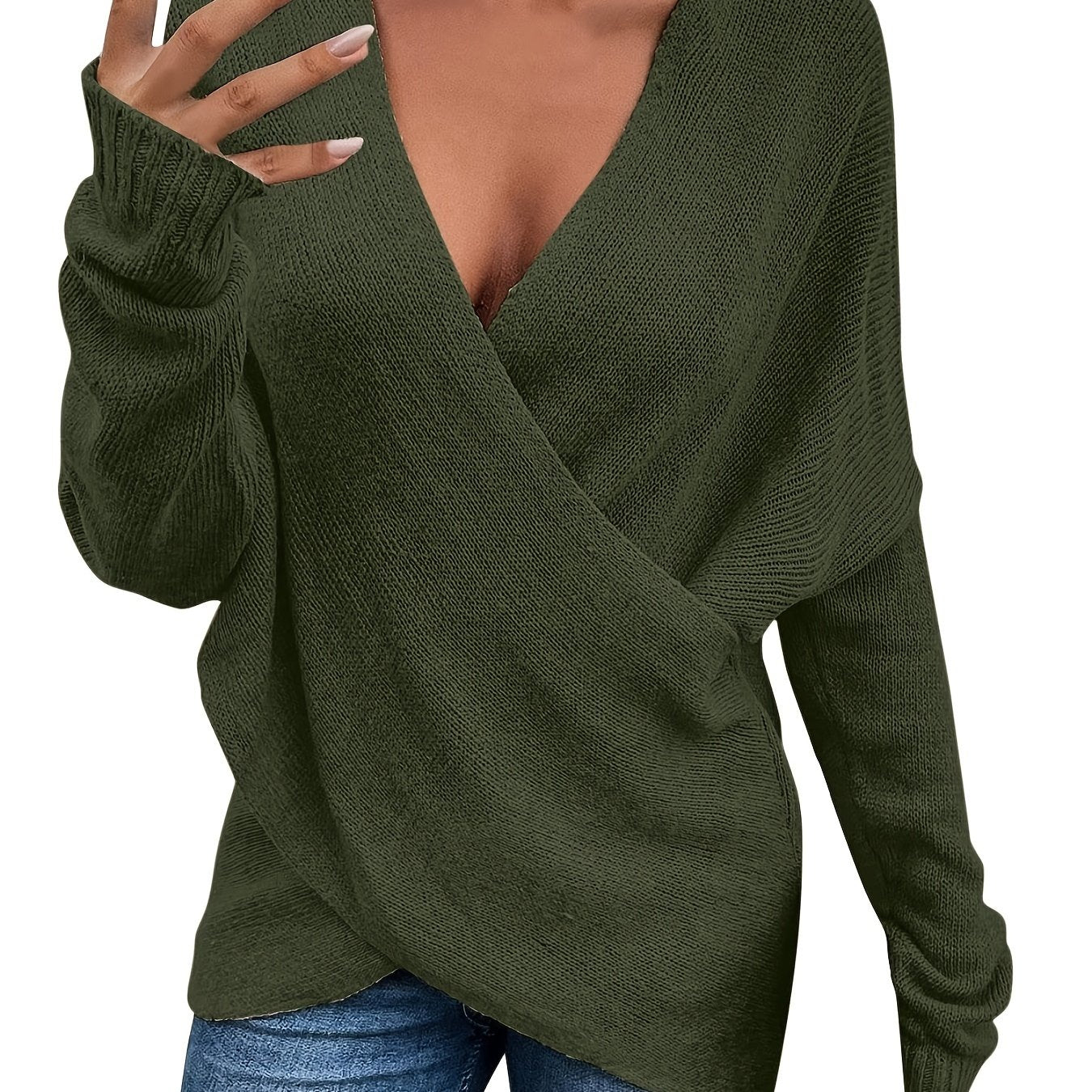 Sixsr Plus Size Twist Front Deep V Neck Irregular Hem Knit Tops, Women's Plus Slight Stretch Sexy Knit Tops