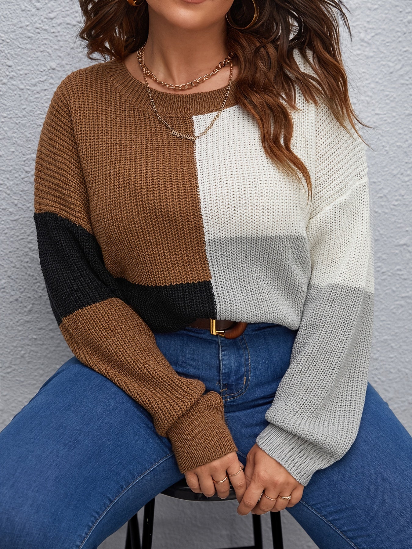 Sixsr Plus Size Colorblock Sweater, Women's Plus Slight Stretch Round Neck Casual Sweater