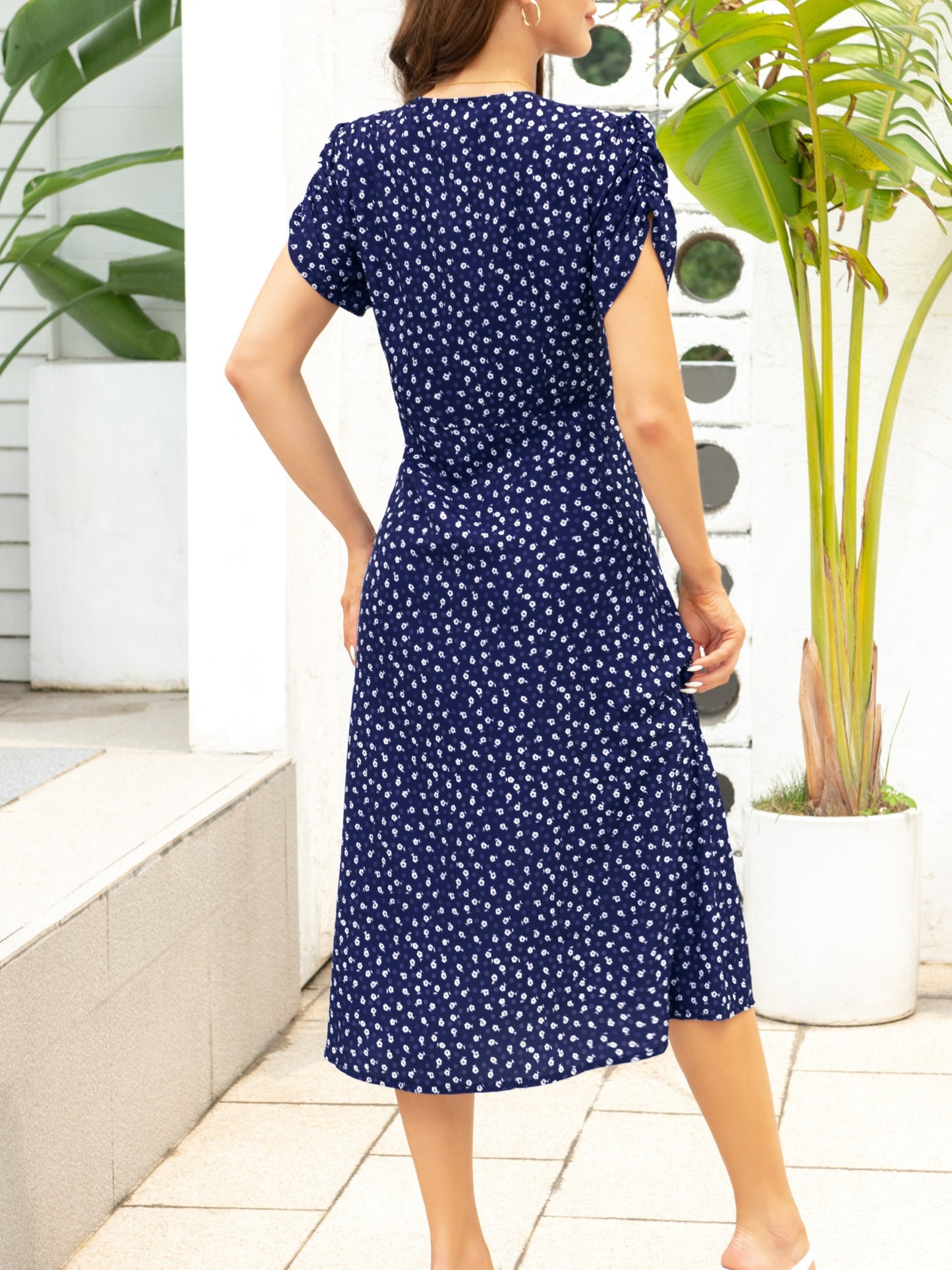 Sixsr Floral Print Button Dress, Elegant V Neck Short Sleeve Dress, Women's Clothing